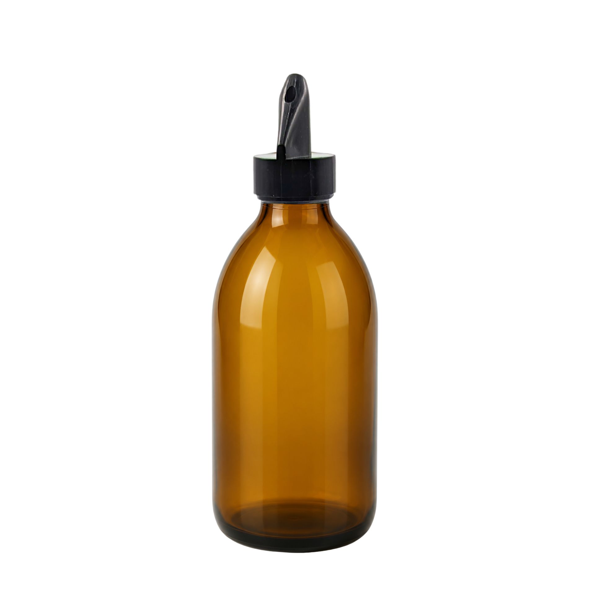 Braune Medizinflasche aus Glas mit 250 ml Fassungsvermögen vor weißem Hintergrund, ohne Etikett oder Verschluss, stehend in aufrechter Position.