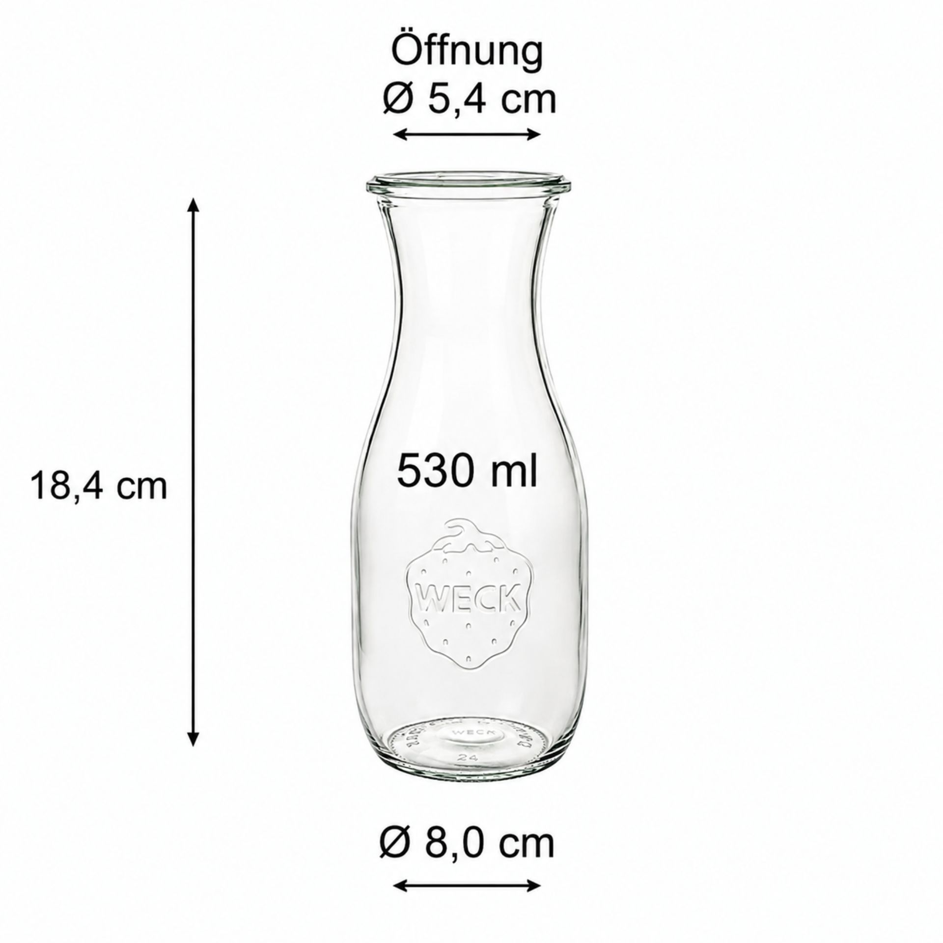 Weck Saftflasche 530 ml aus klarem Glas, ideal zur Aufbewahrung von Säften und Getränken, mit ikonischem Weck-Logo und praktischem Verschluss, Produktbild.
