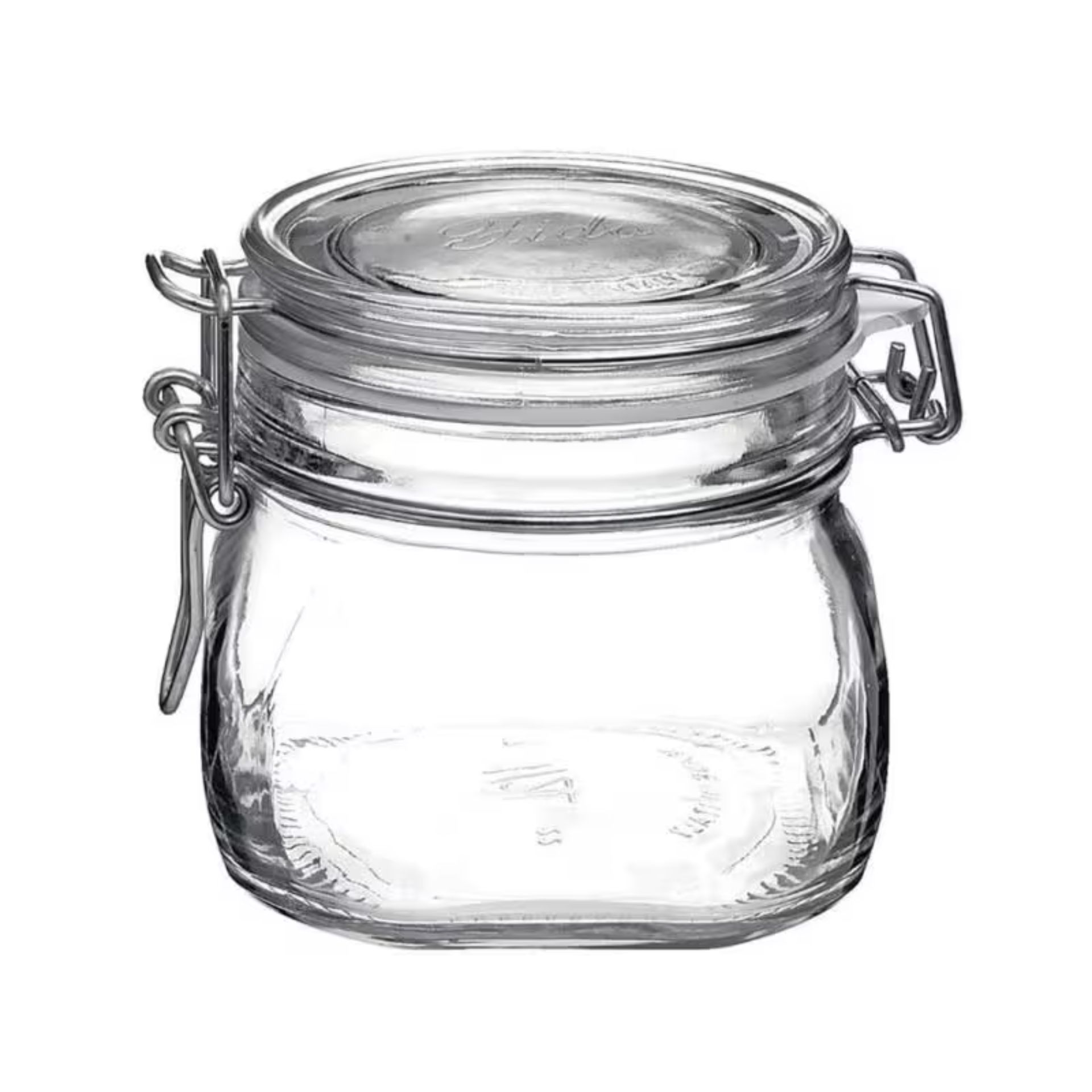 Ein quadratisches Bormioli Bügelverschlussglas mit 500 ml Fassungsvermögen aus klarem Glas, ausgestattet mit einem Drahtbügelverschluss, perfekt zum luftdichten Aufbewahren von Lebensmitteln.