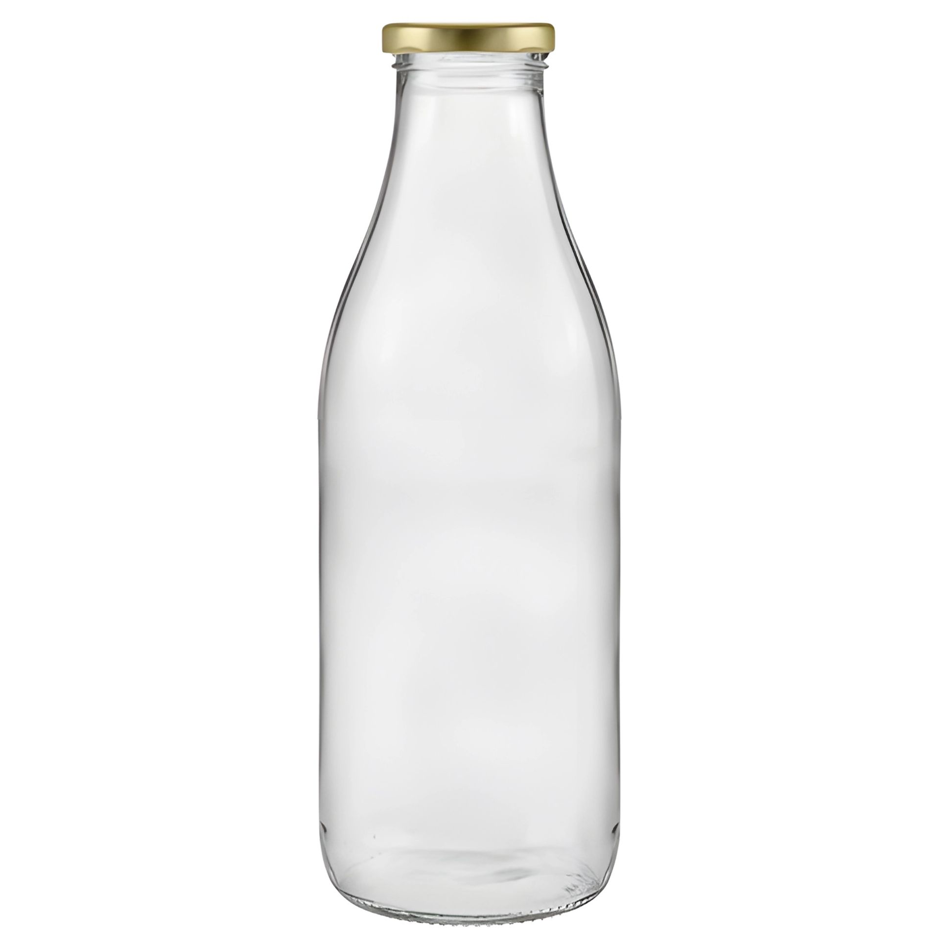 Klarglassflasche mit 1000 ml Fassungsvermögen, zylindrische Form, schmalem Hals und silberfarbenem Schraubdeckel, stehend vor weißem Hintergrund.