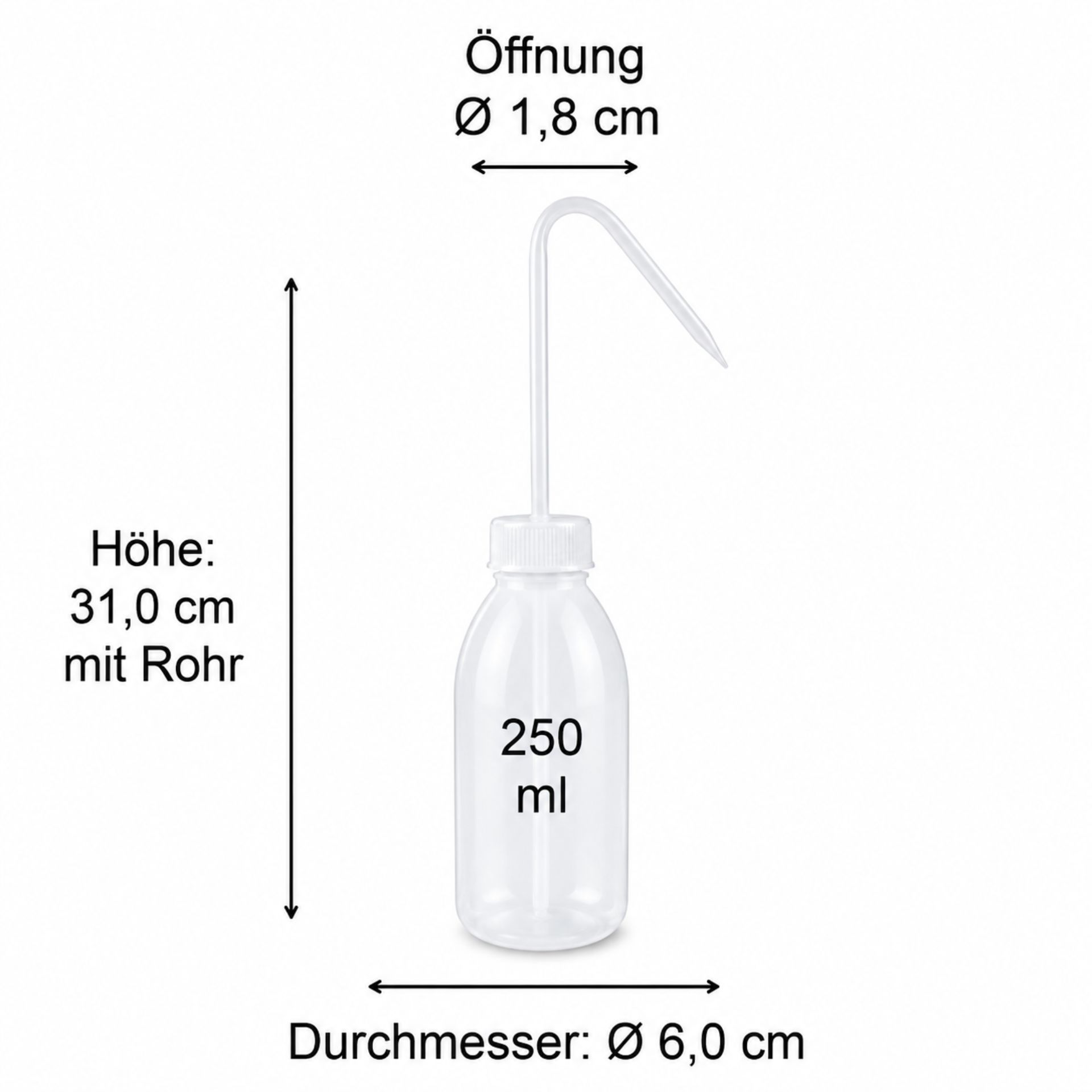 Produktbild von einer Glasflasche mit schwarzen Schraubverschluss, 250 ml Fassungsvermögen, Markenname VI9102KH, mit präzisen Abmessungen im Hintergrund dargestellt.