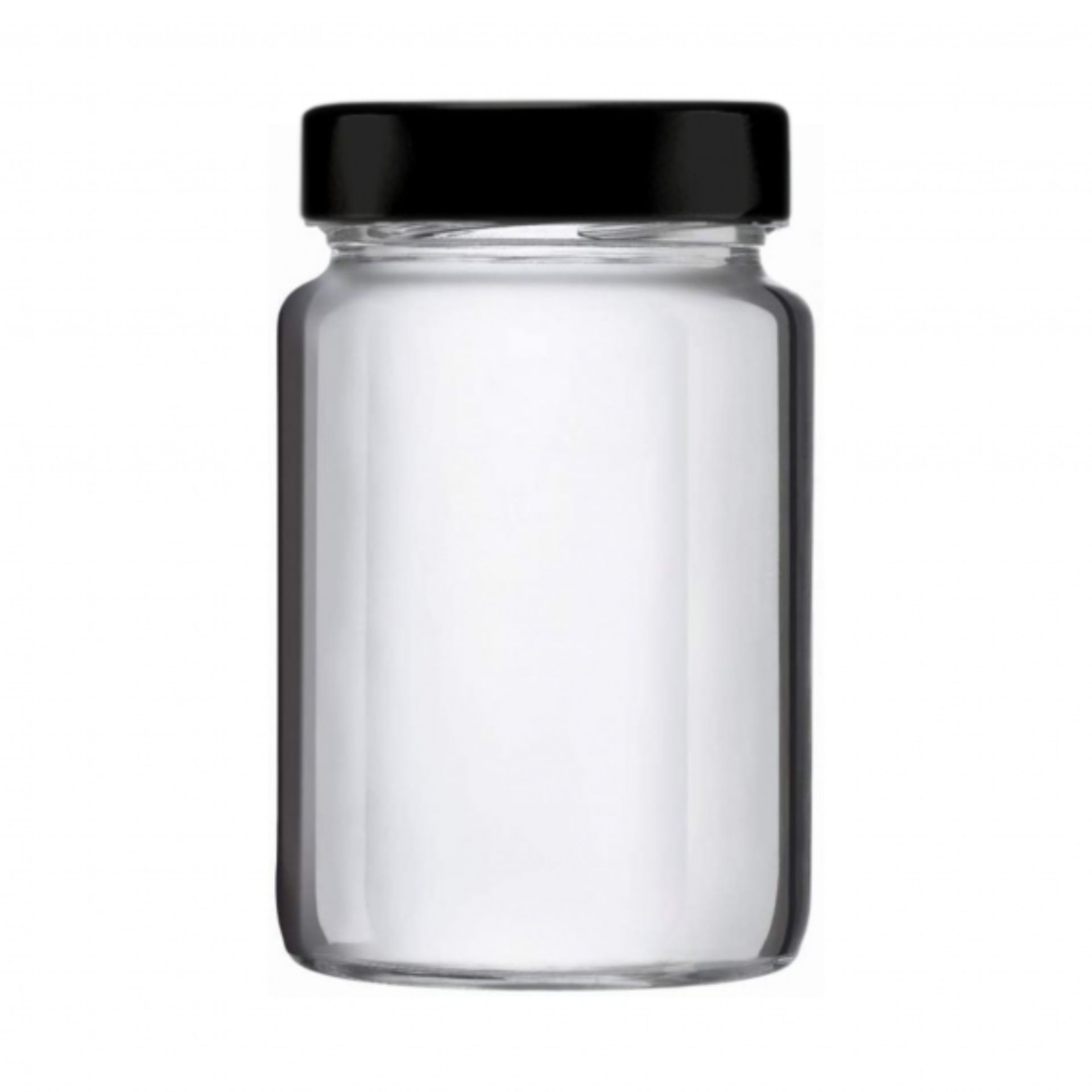 E-FAC-785_schwarz_1 Ein durchsichtiges 785-ml-Einmachglas mit schwarzem Twist-Off-Deckel, leer und aufrecht stehend vor weißem Hintergrund.