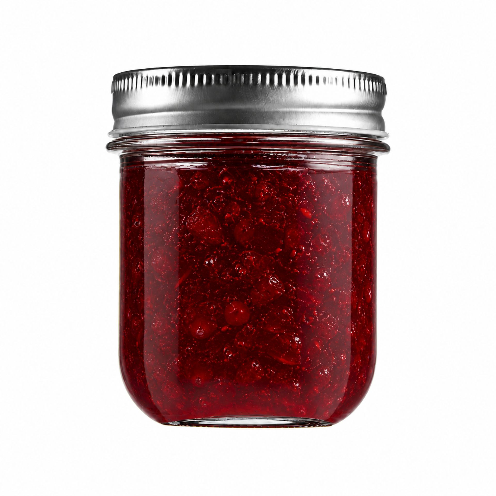 Ein 220 ml Einmachglas mit silbernem Schraubverschluss auf weißem Hintergrund, ideal für das Aufbewahren von Marmeladen, Soßen oder Gewürzen.