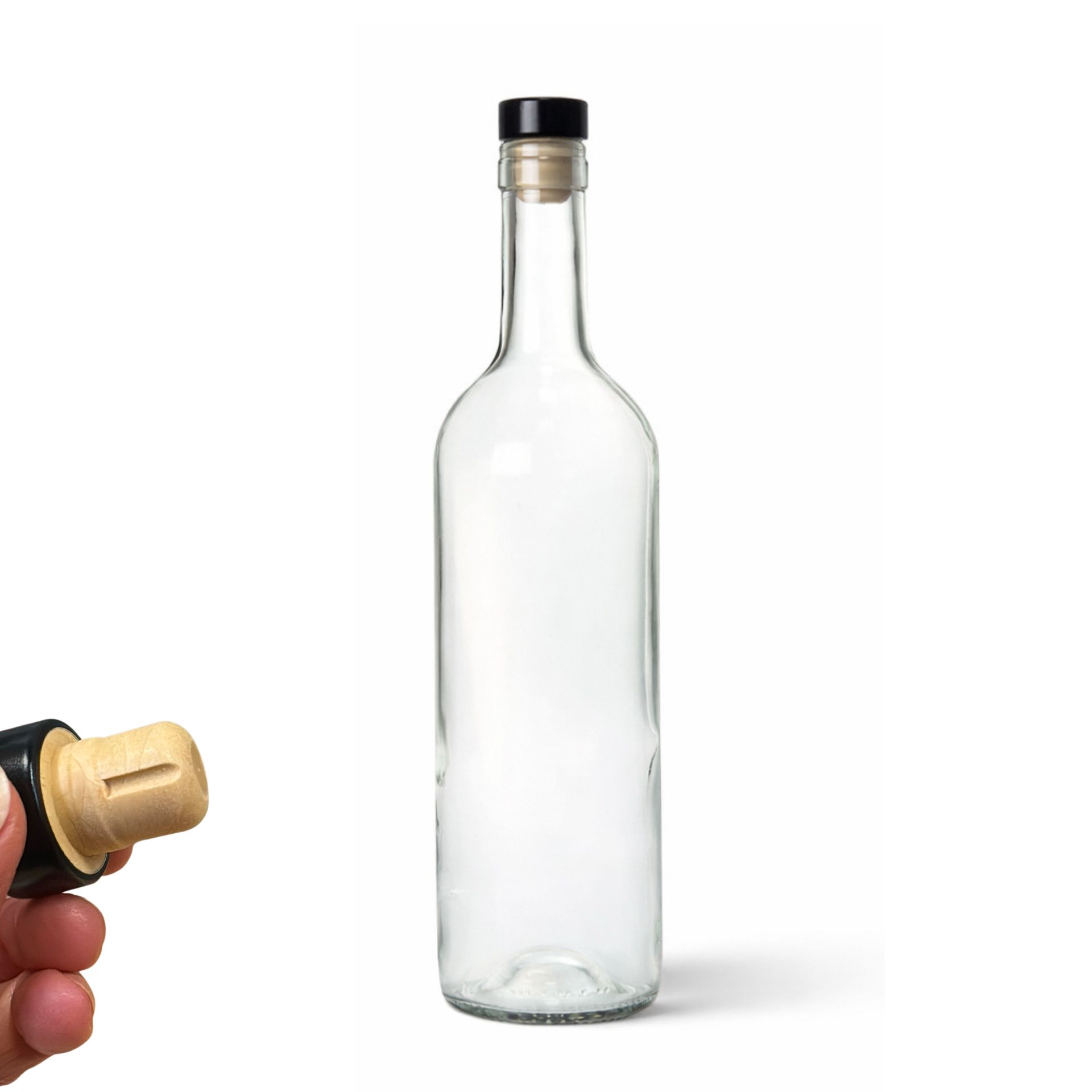 Glasflasche 750 ml mit PE Griffkorken schwarz