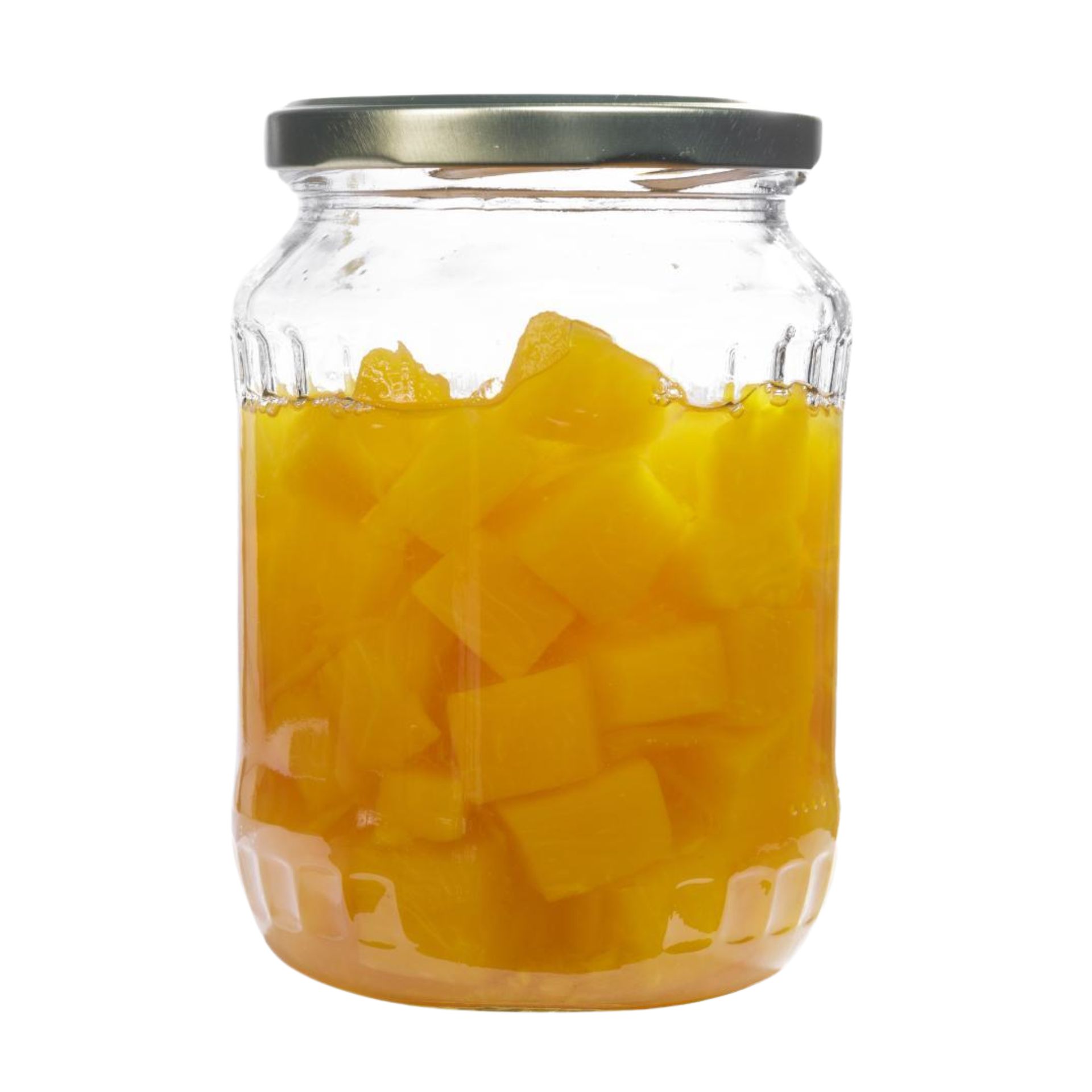 Klarsicht-Einmachglas mit goldenem Schraubdeckel, Fassungsvermögen 720 ml, stehend auf weißem Hintergrund.