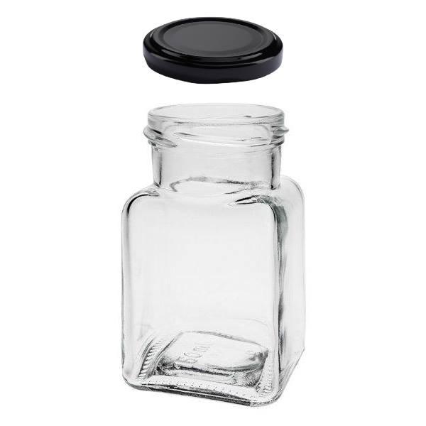 Produktbild: Eine transparente Glasflasche mit robustem schwarzen Schraubverschluss in Nahaufnahme auf weißem Hintergrund. Ideal für Flüssigkeiten und Öle.