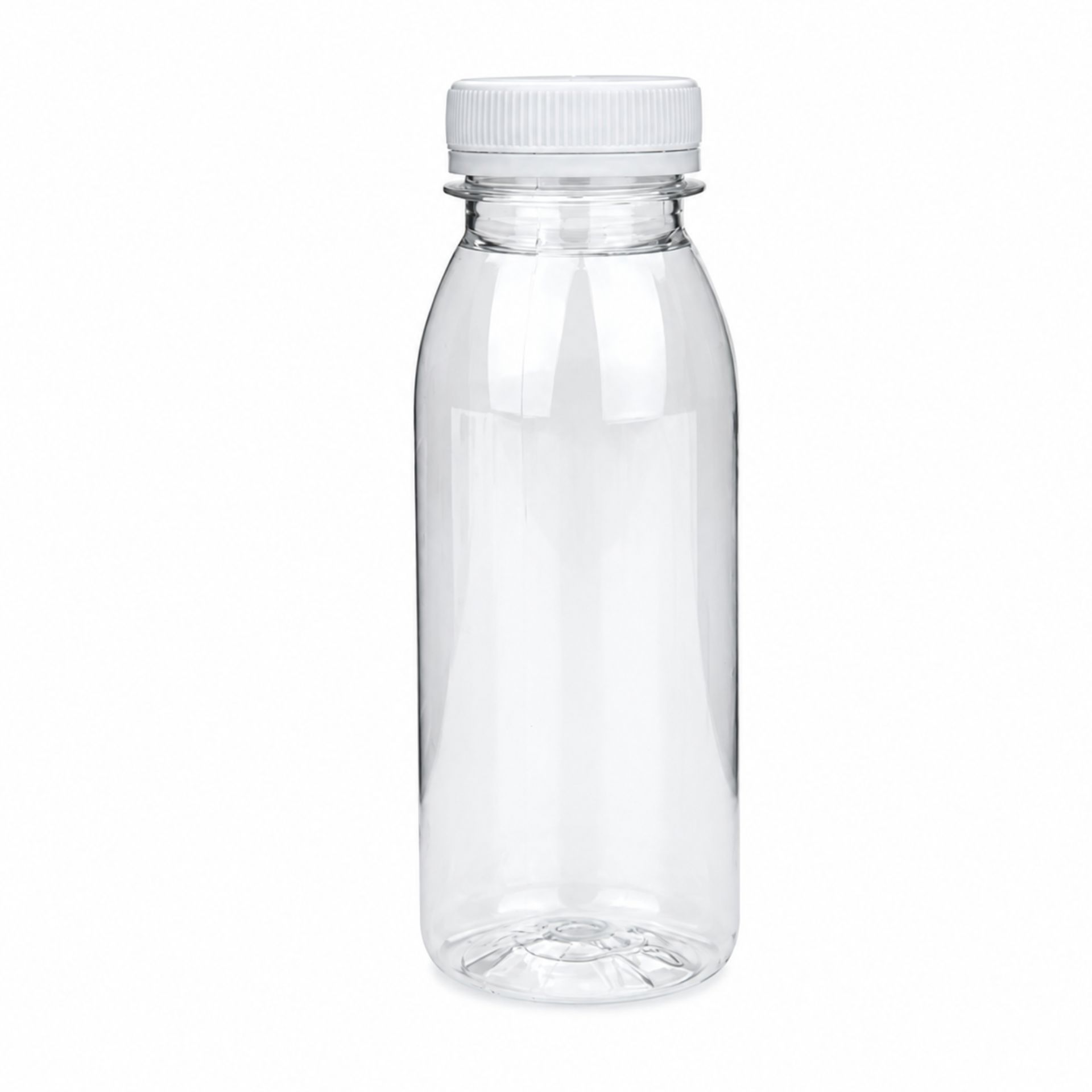Transparente 250-ml-Smoothieflasche aus Kunststoff mit weißem Deckel, stehend vor weißem Hintergrund.