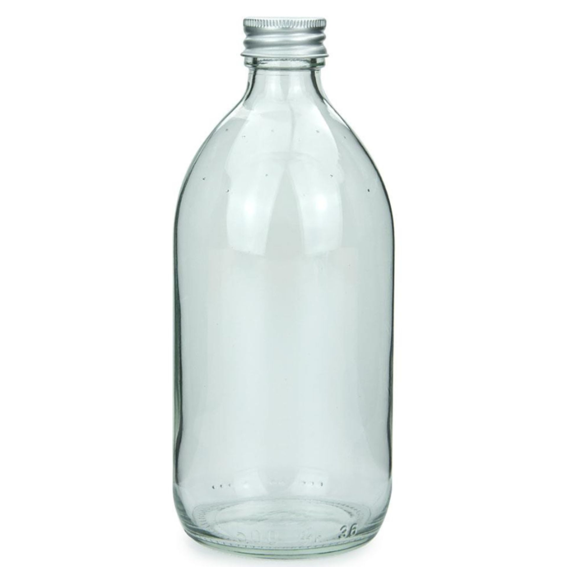 Klare 500-ml-Glasflasche mit silberfarbenem Schraubdeckel, aufrecht stehend vor weißem Hintergrund.