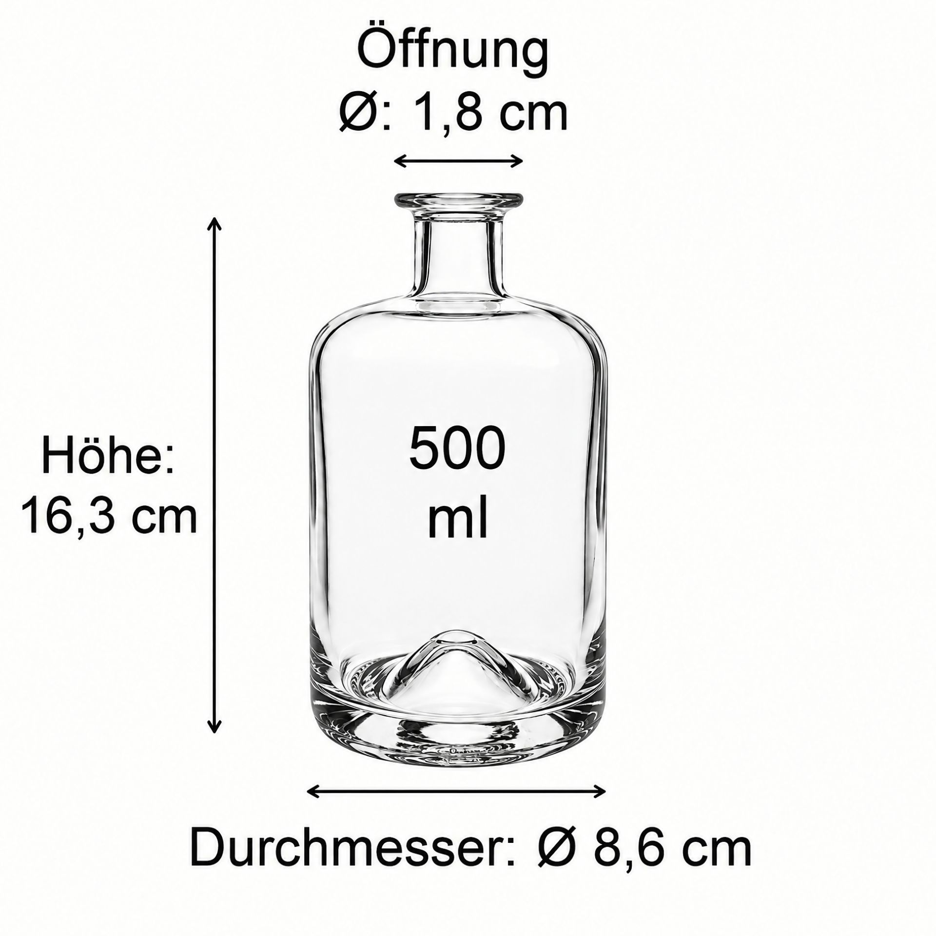 Maßzeichnung einer Glasflasche mit detaillierten Abmessungen - Flaschendesign, Höhe, Durchmesser, Fassungsvermögen - Produktbild für Flaschen, Gläser und Dosen Webseite
