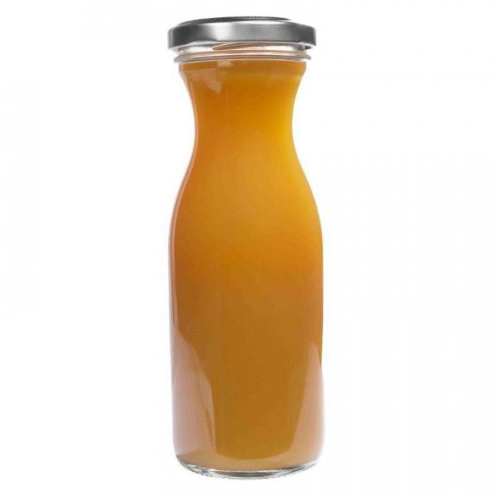 Leere, klare 250-ml-Glasflasche mit Schraubgewinde vor weißem Hintergrund, aufrecht stehend.