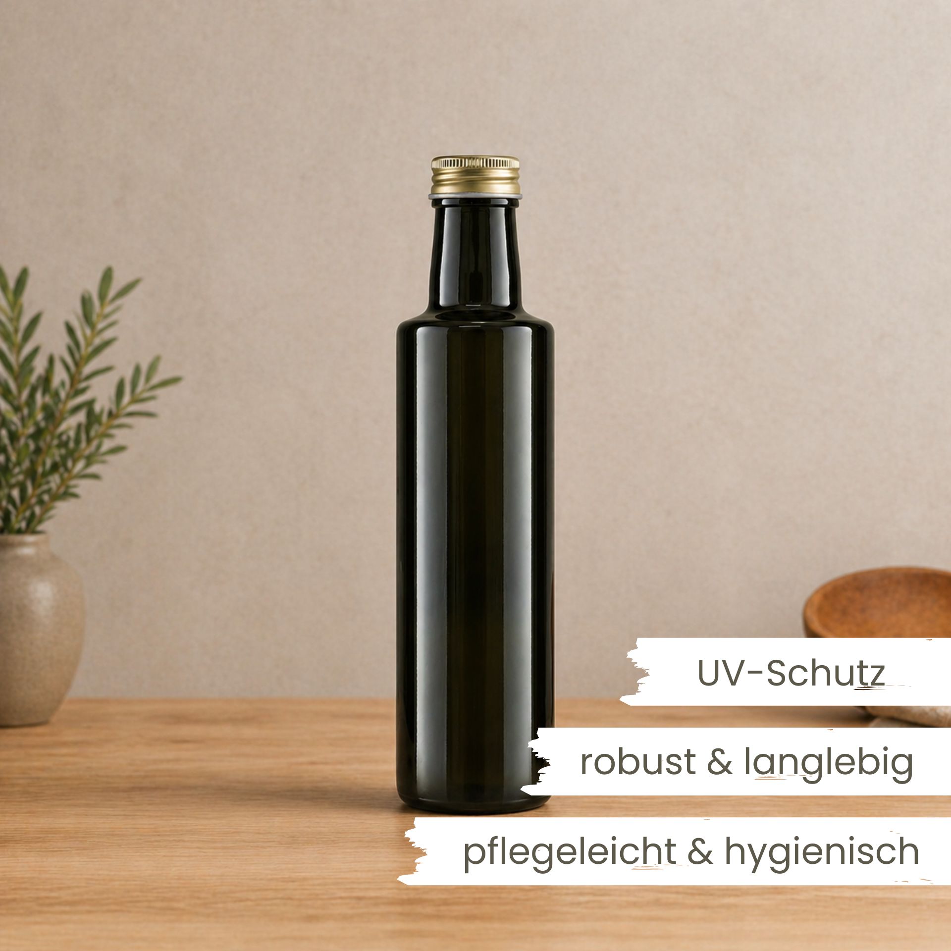 Glasflasche 500 ml rund braun Ölflasche Deckel Gold