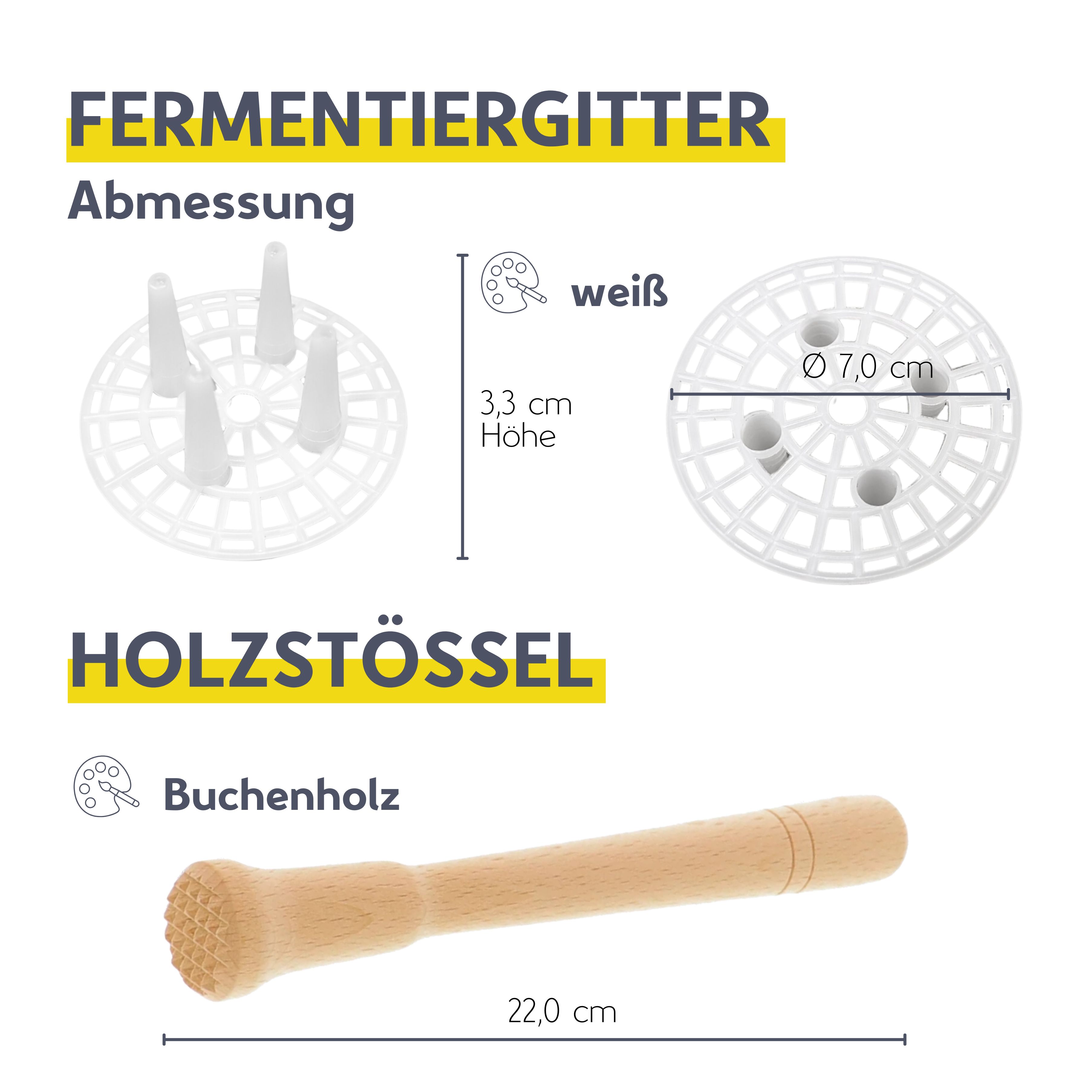 Sechs leere Fermentiergläser aus klarem Glas mit silberfarbenen Schraubdeckeln, jeweils mit Beschriftungsetikett und Luftventil ausgestattet, auf weißem Hintergrund.