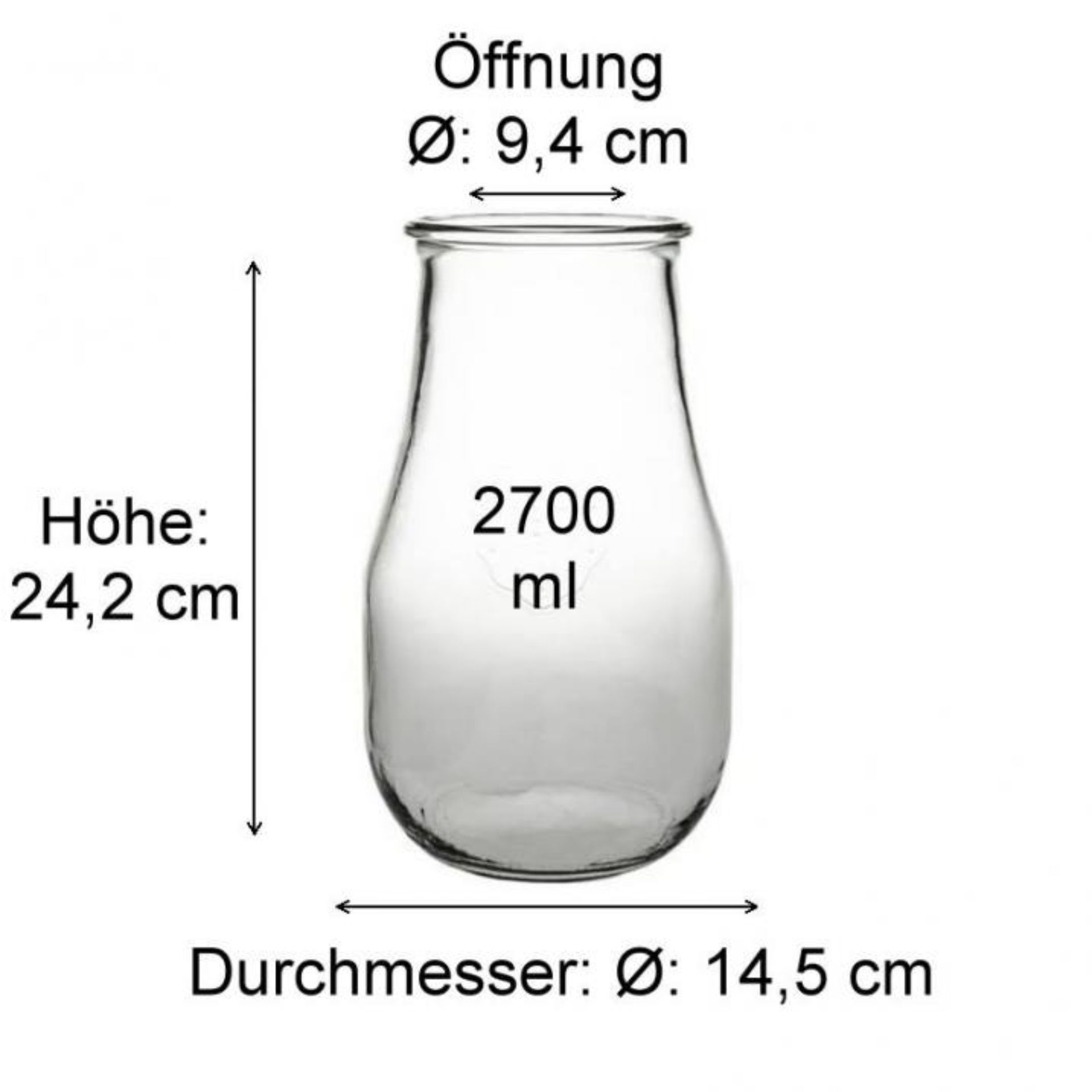 Ein Weck-Glas mit einem Fassungsvermögen von 2700 ml, abgebildet auf einem weißen Hintergrund. Das Glas hat eine zylindrische Form und ist mit einer runden Öffnung ausgestattet. Es ist ideal für die Aufbewahrung von Lebensmitteln oder zum Einmachen.