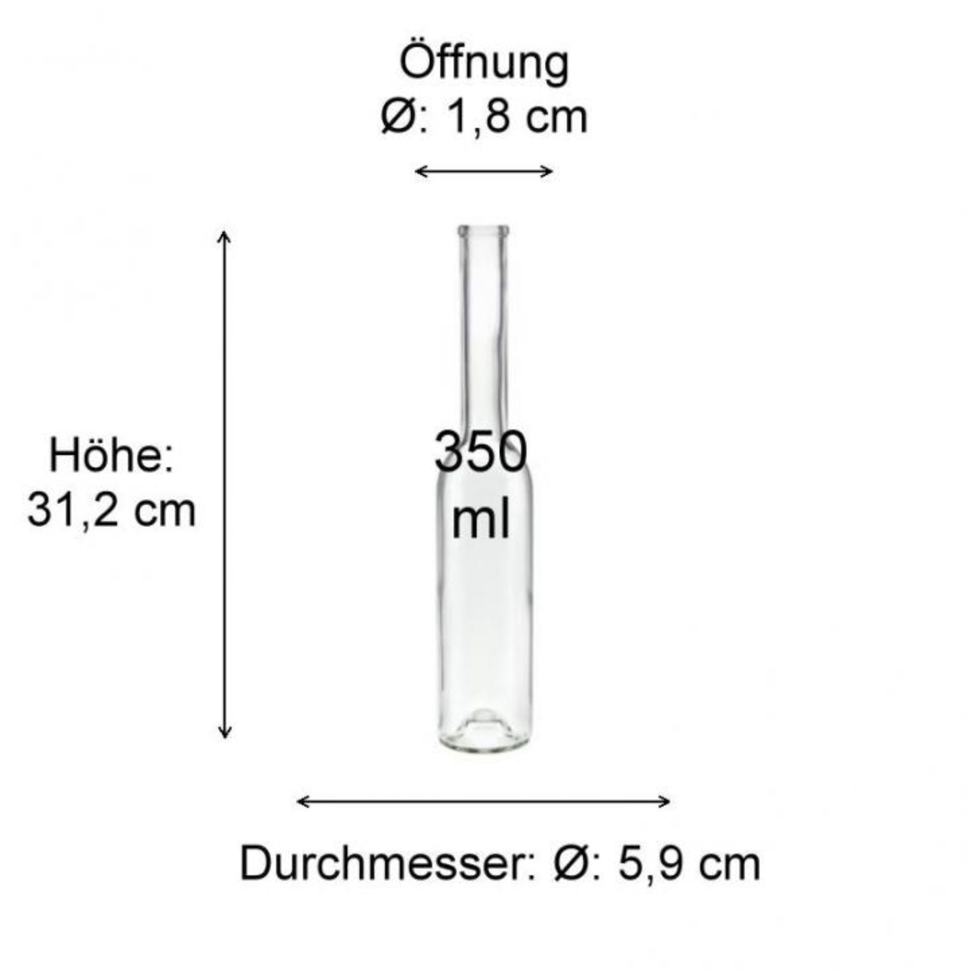 Bild einer leeren, transparenten 350 ml Operaglasflasche mit elegantem Design, geeignet für Säfte, Wasser oder alkoholische Getränke, hergestellt aus hochwertigem Glas, erhältlich auf flaschen-glaeser-und-dosen.de.