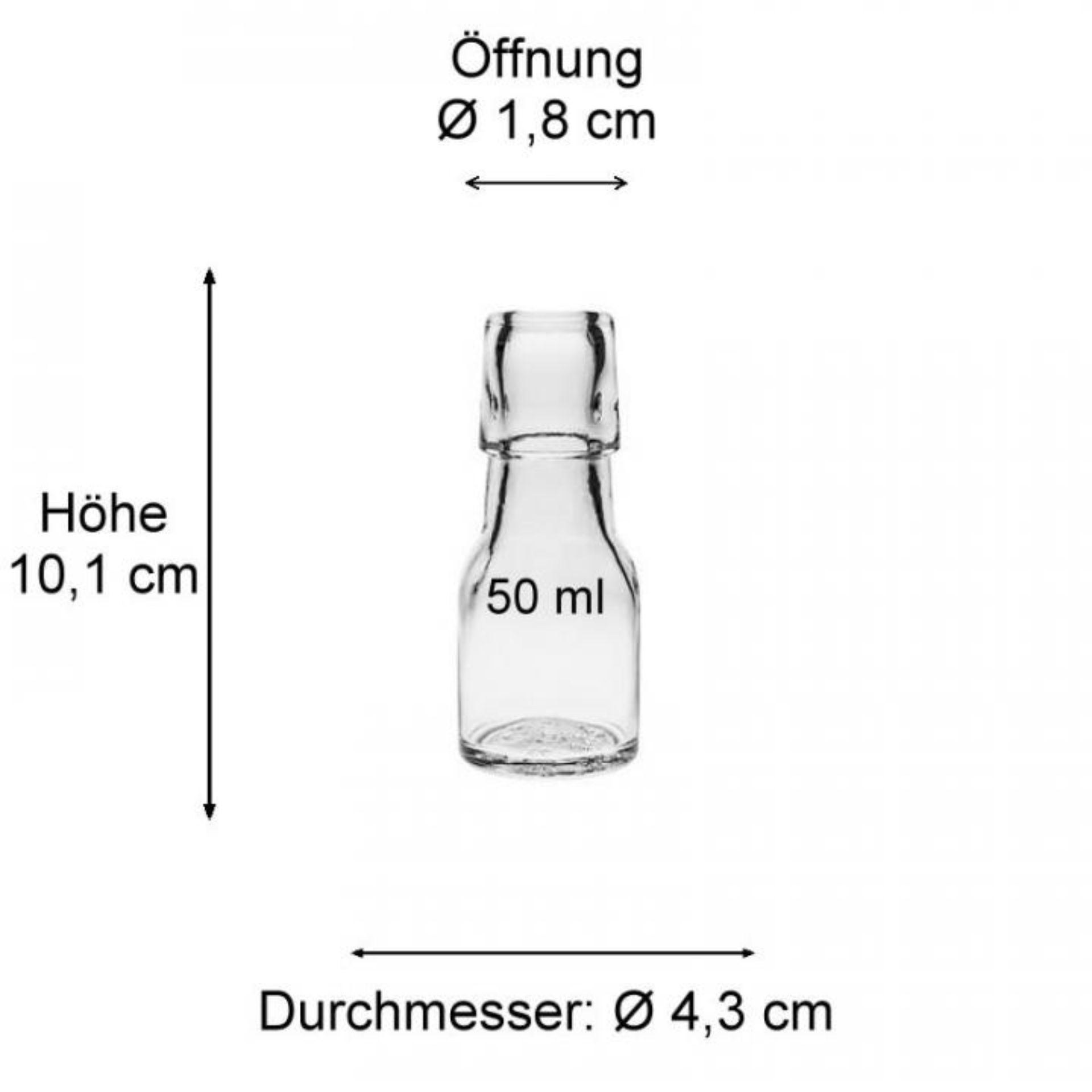 Glasflasche 50 ml mit Bügelverschluss, transparentes Design, ideal für Aufbewahrung von Flüssigkeiten oder Dekoration, hochwertiges Glas, wiederverwendbar und umweltfreundlich.