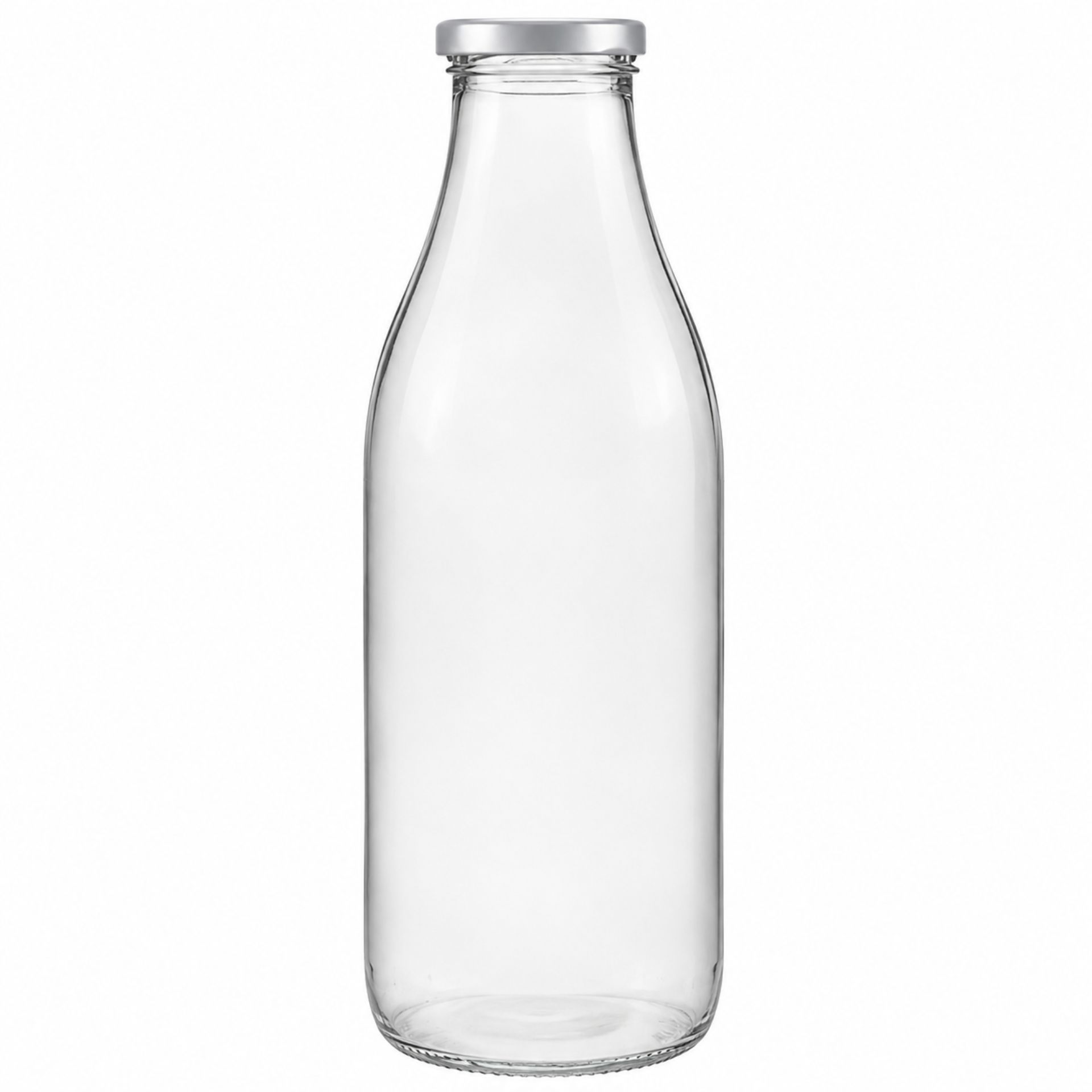 Sechs leere, transparente Einmachgläser aus Glas mit silberfarbenen Schraubdeckeln, gleichmäßig nebeneinander auf einer weißen Fläche angeordnet.