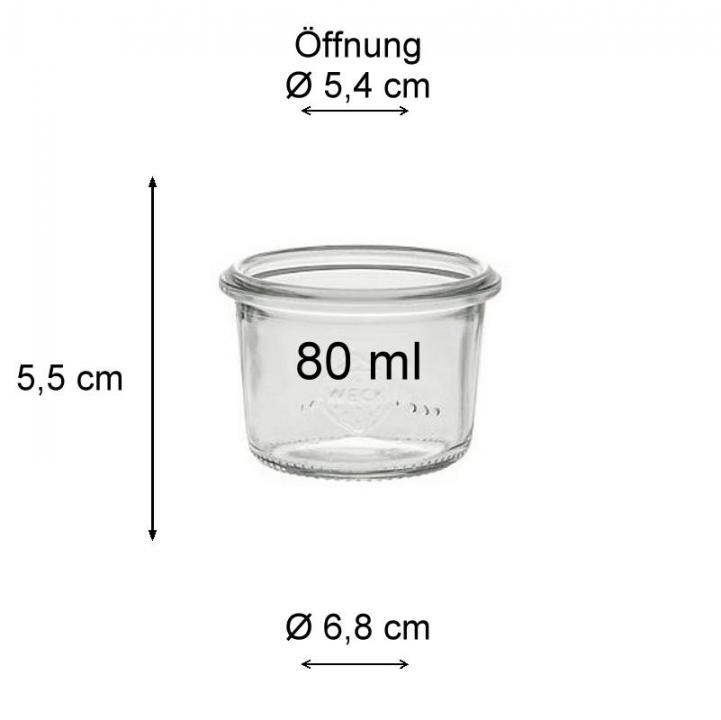 WECK Sturzglas   80 ml Mini Einmachglas mit Deckel, Gummiring und Klammern
