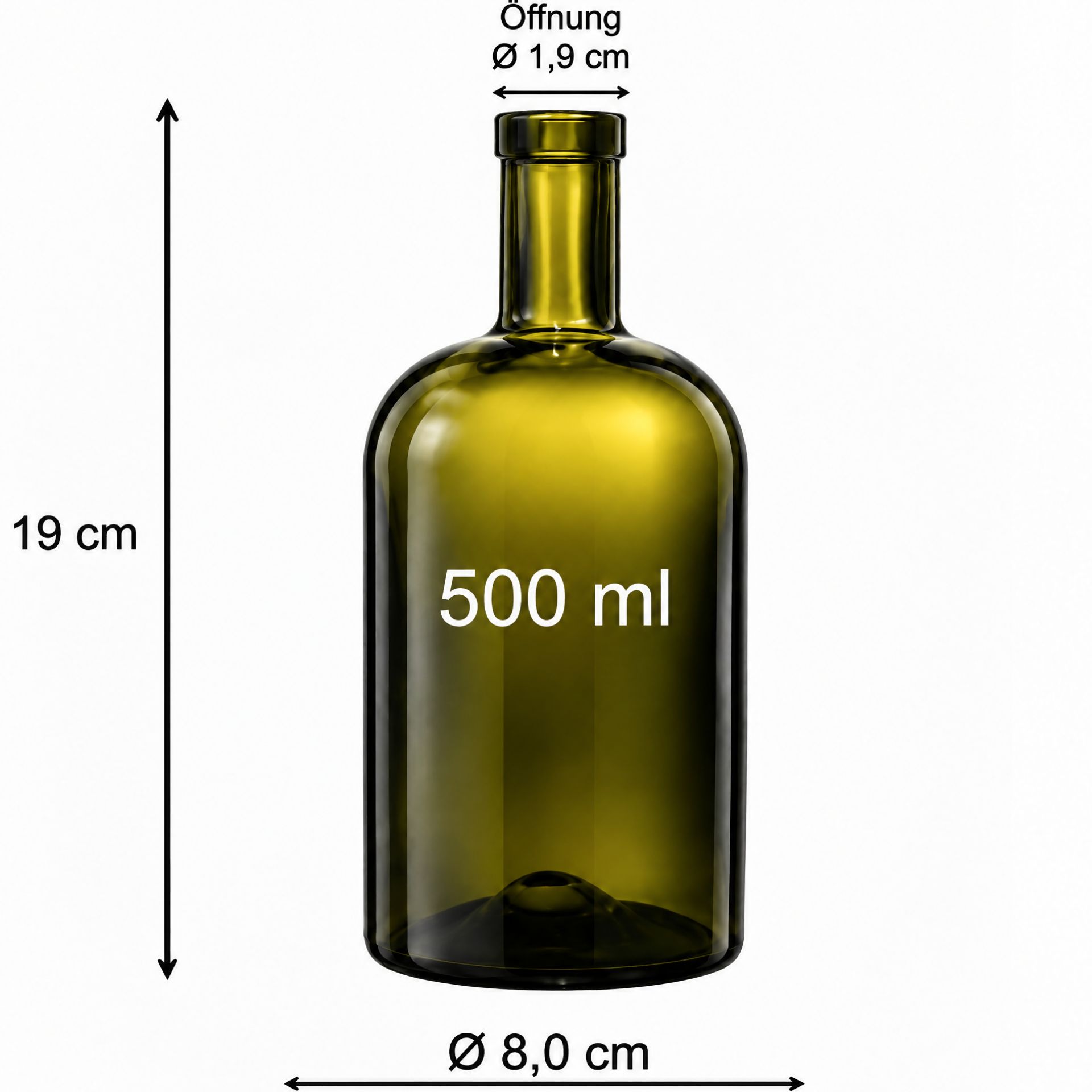 Grüne Glasflasche 500 ml mit schlichtem Design und glatter Oberfläche, geeignet für Getränke wie Wasser oder Saft.