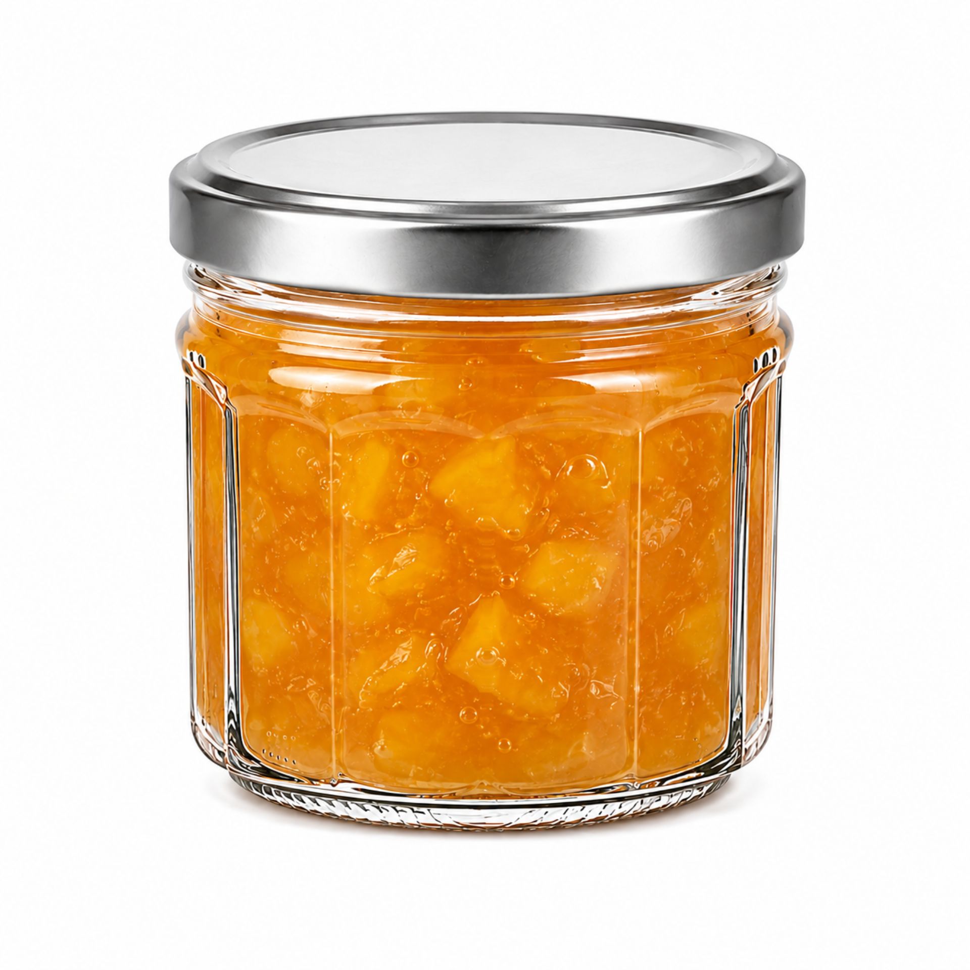 Vier leere, zylindrische Glasbehälter à 240 ml mit leicht facettiertem Design stehen nebeneinander auf weißem Hintergrund.