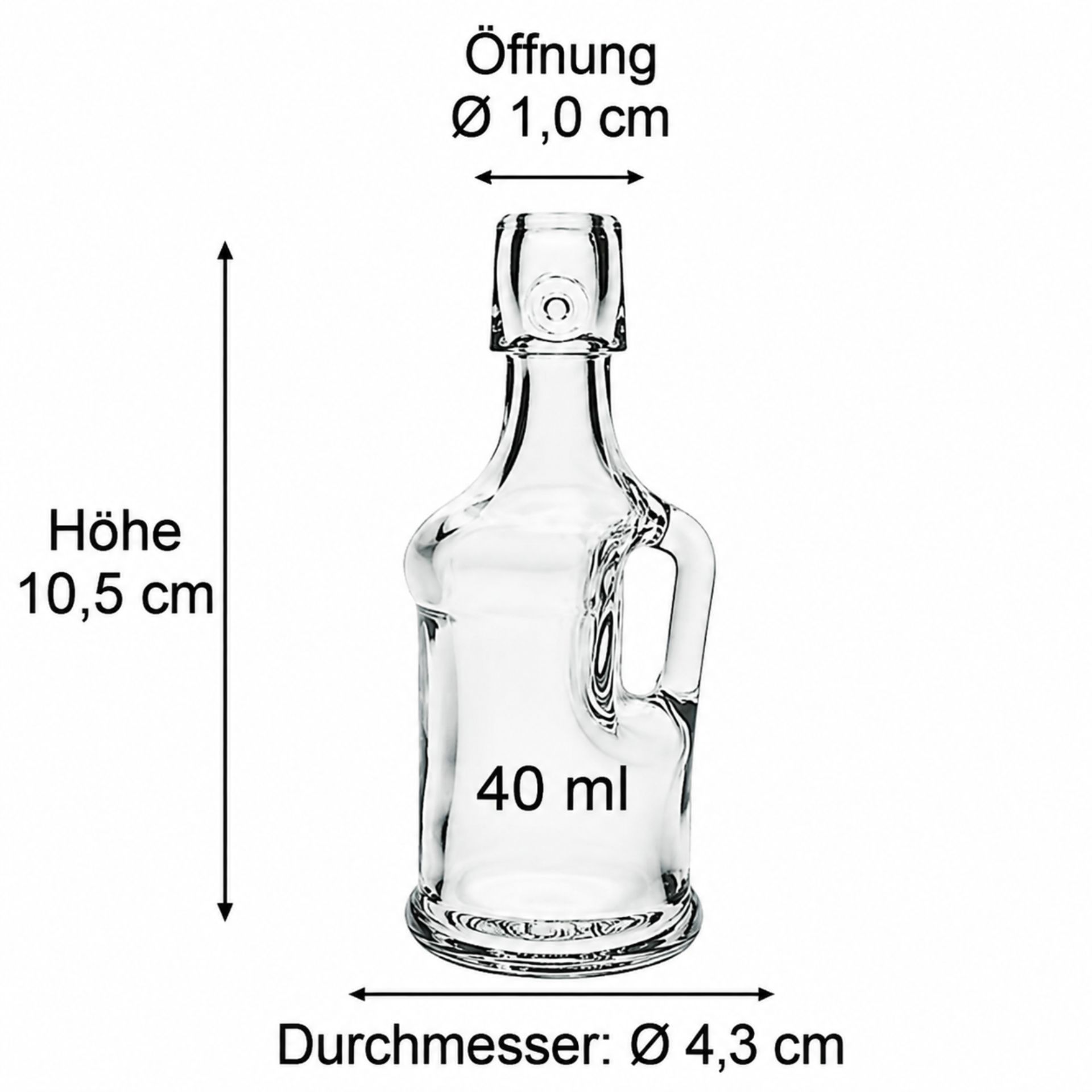 Bild einer 40 ml Glasflasche mit Henkel und Bügelverschluss, ideal für Getränkeabfüllung, wiederverwendbar und umweltfreundlich, glänzende klare Oberfläche, praktische Flasche für kreative Verpackungslösungen.