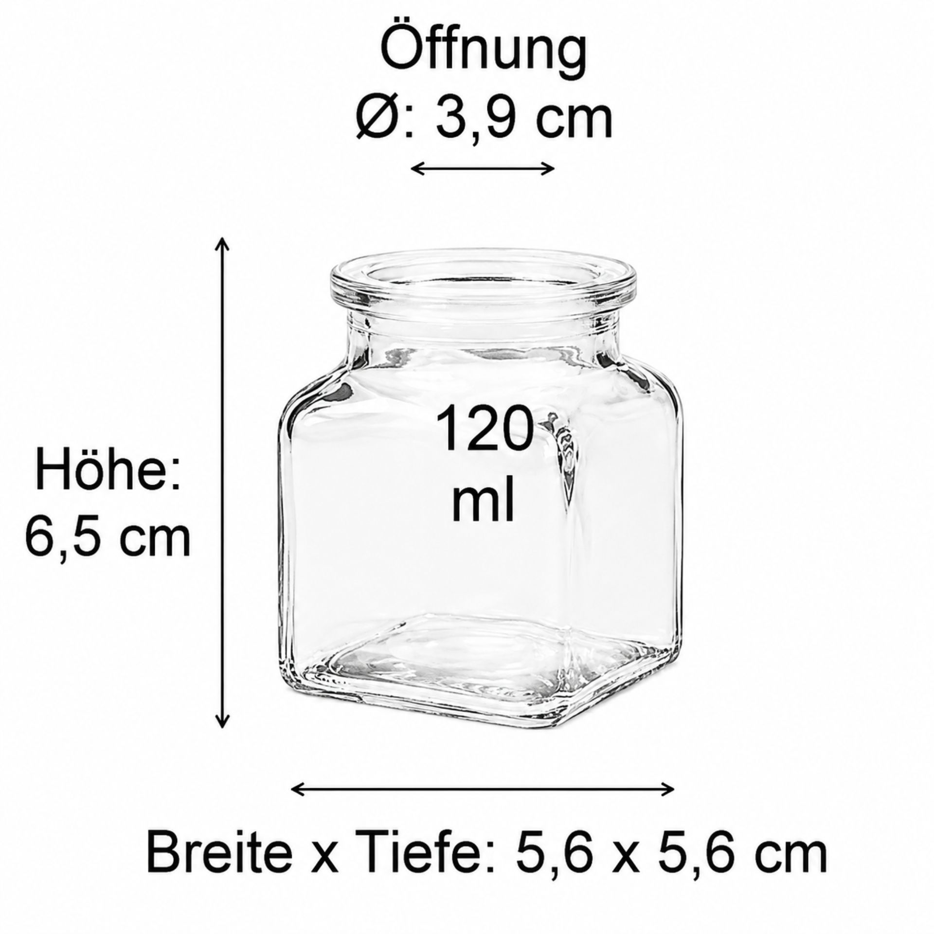 120 ml Stopfenglas mit transparentem Glas, geeignet zur Aufbewahrung von Gewürzen oder Marmeladen, vor weißem Hintergrund, optimales Volumen für kleine Mengen an Lebensmitteln.