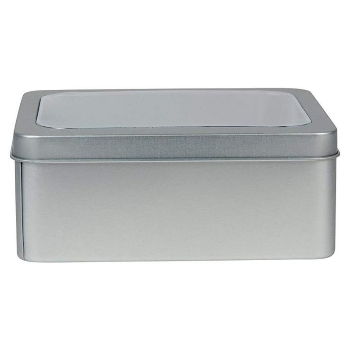 Vorratsdose aus Metall in den Maßen 14,2 x 11,7 x 5,7 cm mit praktischem Sichtfenster, ideal zum Aufbewahren von Lebensmitteln, stilvolles und funktionales Design