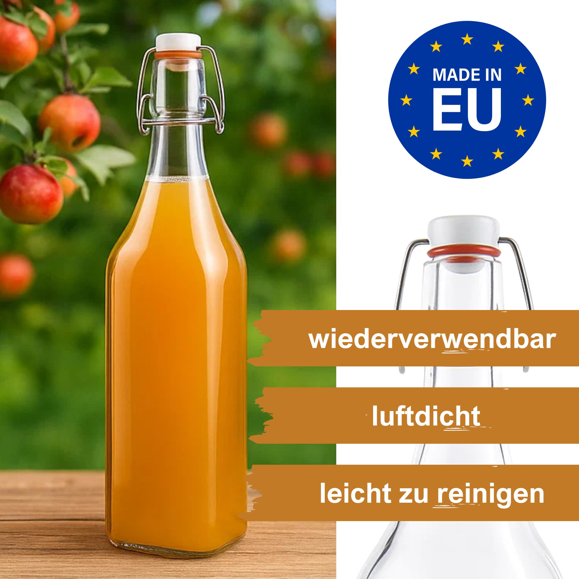 Glasflasche 1000 ml eckig mit Bügelverschluss Kunststoff