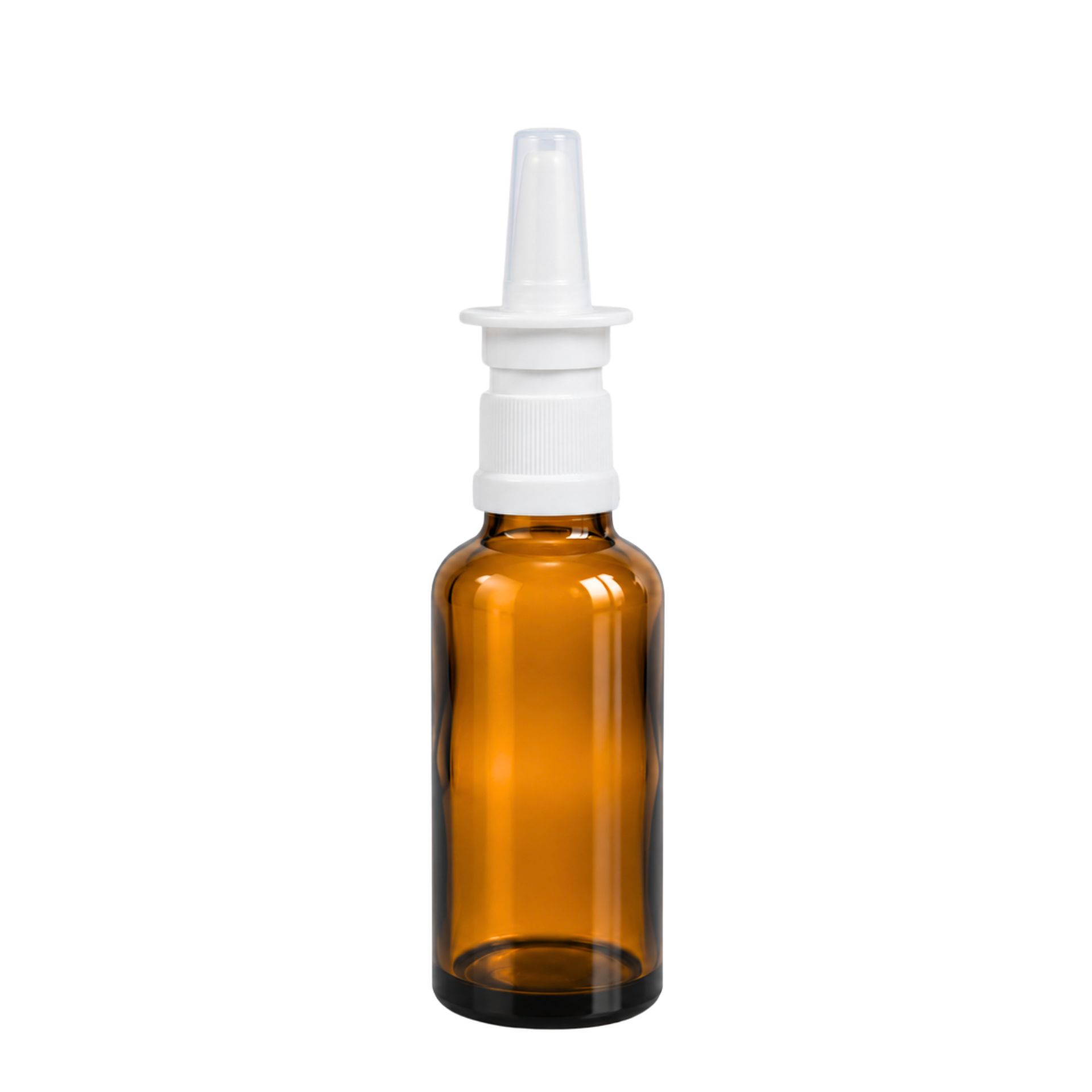 Braune 30-ml-Nasensprayflasche aus Glas mit weißem Sprühkopf und transparenter Schutzkappe vor weißem Hintergrund.
