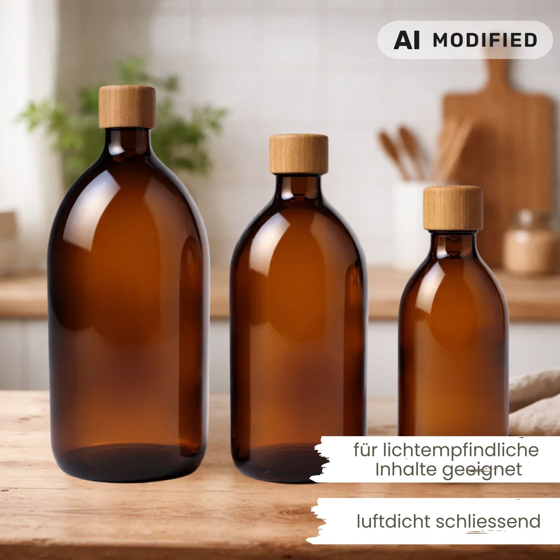 Glasflasche 1000 ml braun mit Holzdeckel