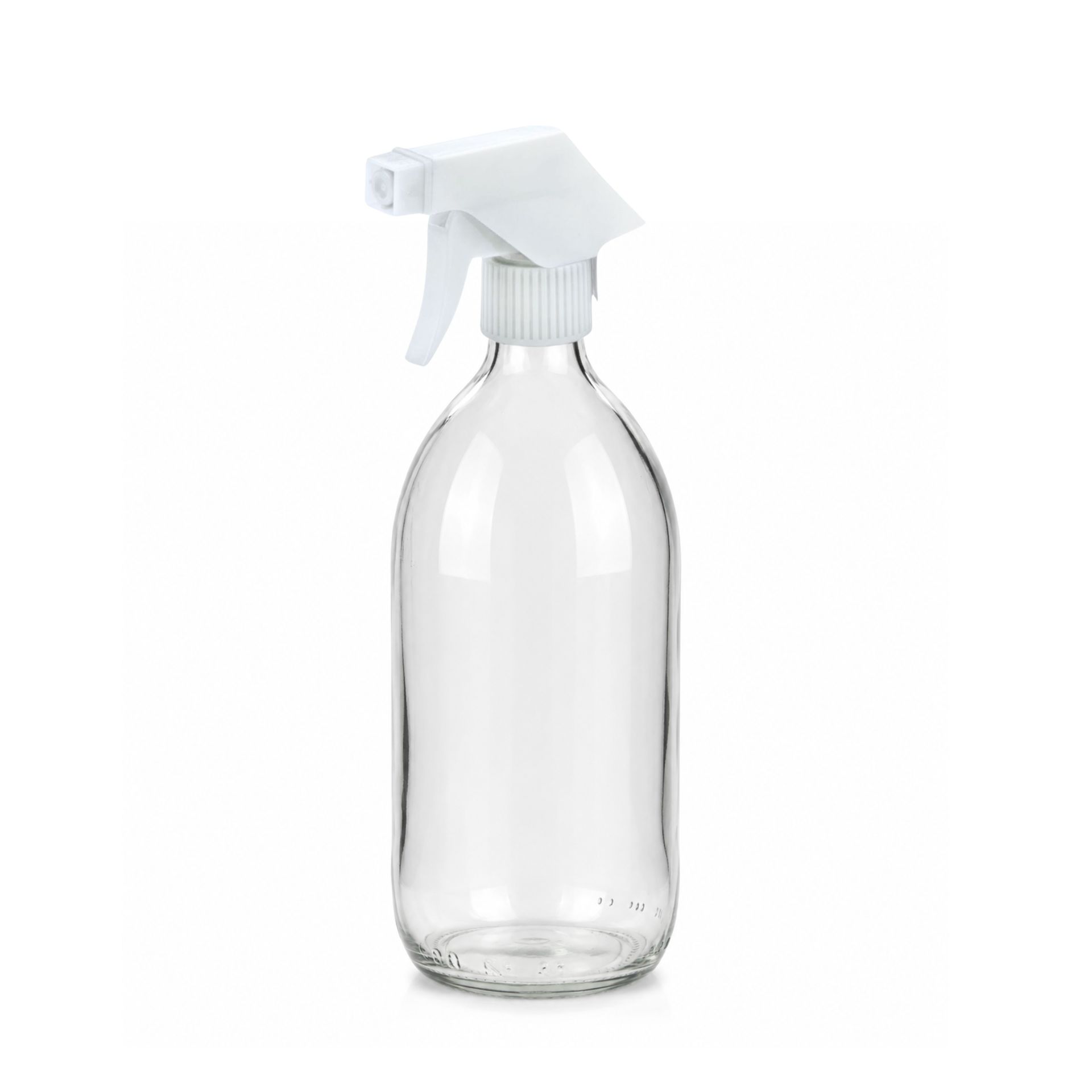 Transparente 500-ml-Sprühflasche aus Kunststoff mit weißem Trigger-Sprühkopf, auf neutralem Hintergrund.