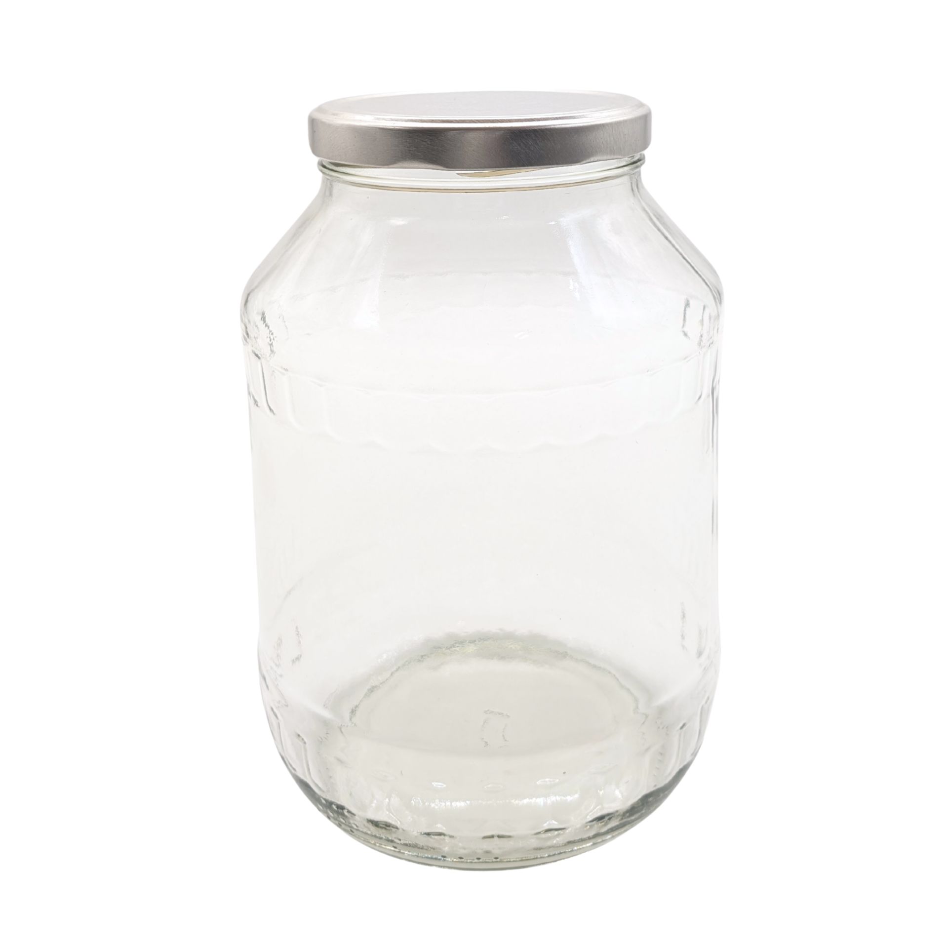 Großes, leeres Konservenglas aus klarem Glas mit silbernem Schraubdeckel, Fassungsvermögen 2650 ml, steht aufrecht vor neutralem Hintergrund.