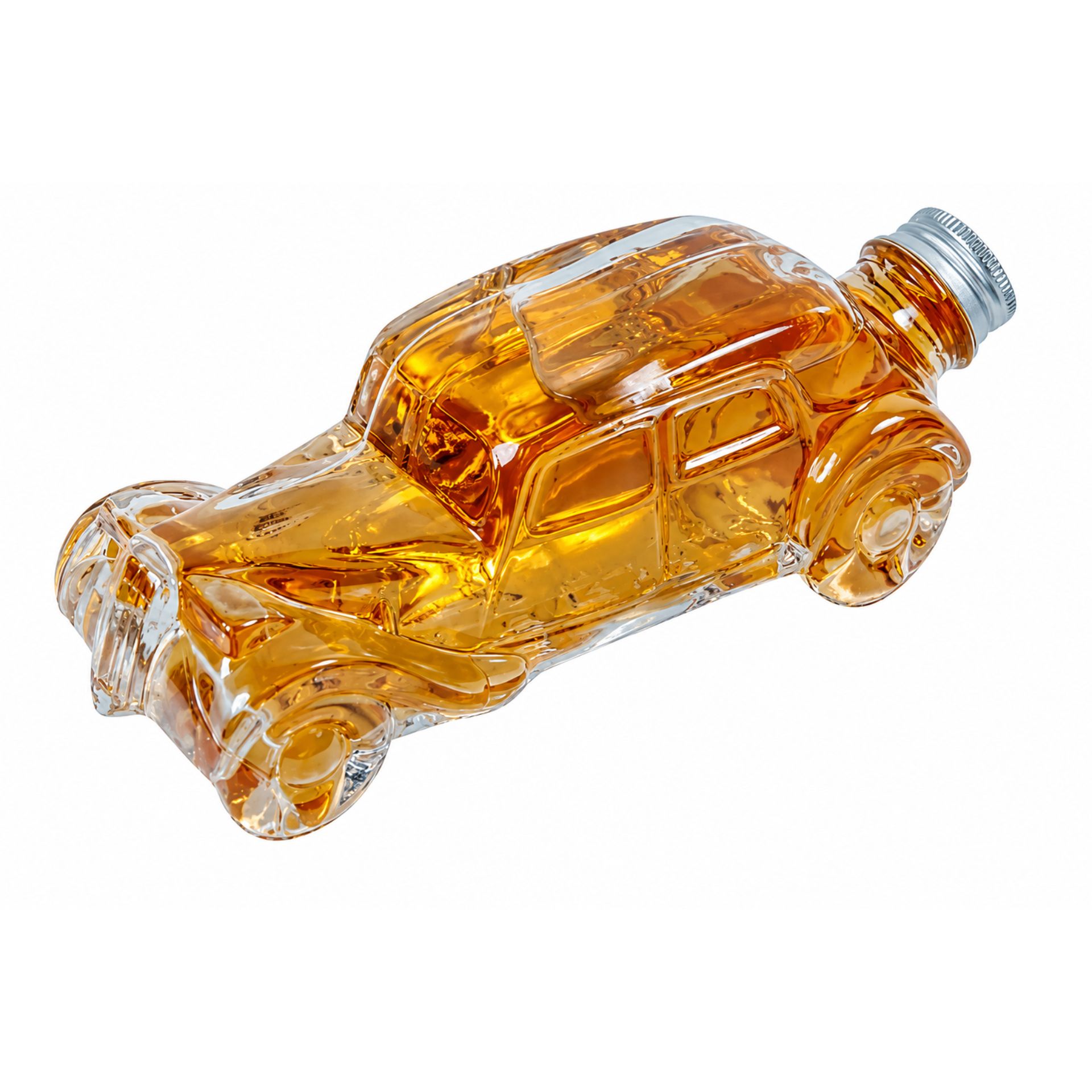 Klare 200-ml-Glasflasche im Oldtimer-Stil mit silbernem Schraubdeckel, auf weißem Hintergrund stehend.