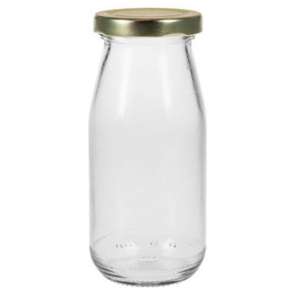 283 ml Glasflasche mit Schraubdeckel in Gold oder Silber – Milchflasche für Getränke und Aufbewahrung Glasflasche 283 ml im Vintage-Milchflaschen-Design mit wahlweise goldenem oder silbernen Deckel, ideal für Getränkepräsentationen und Aufbewahrung.