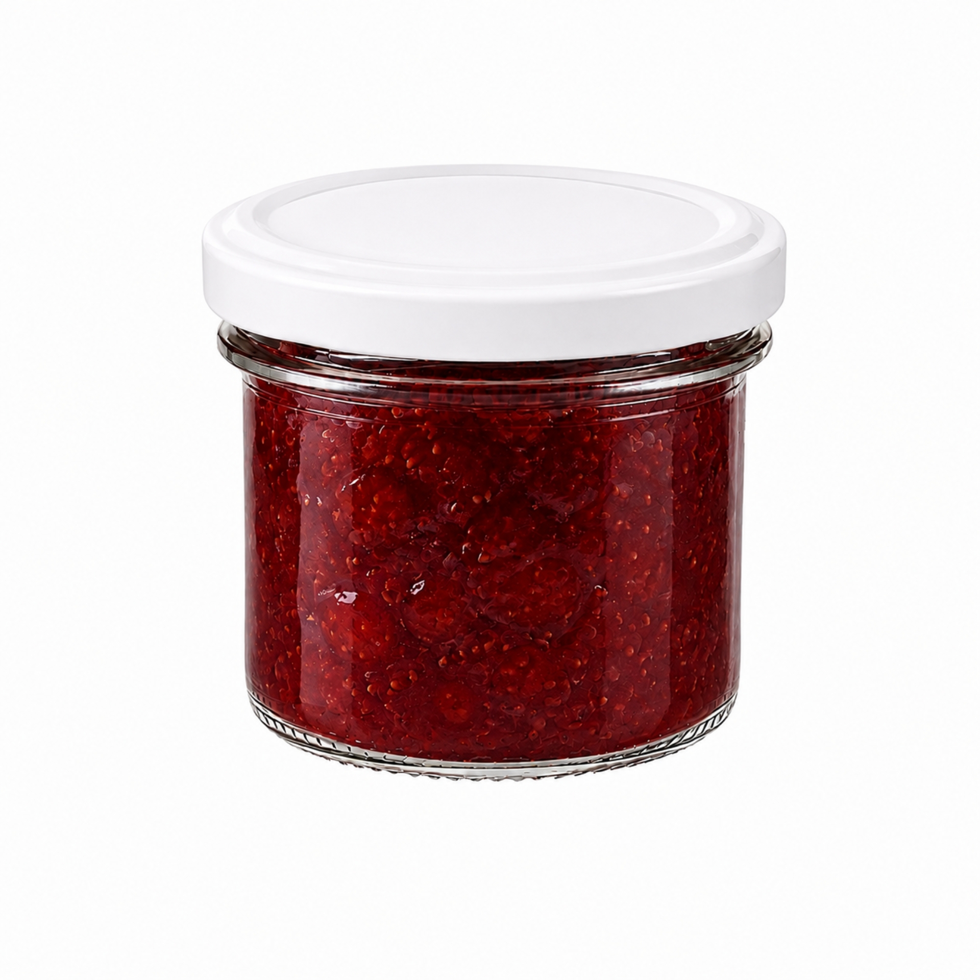 Sechs leere, zylindrische Glasgläser mit silberfarbenen Schraubdeckeln, jeweils 125 ml Fassungsvermögen, in zwei Reihen auf weißem Hintergrund angeordnet.