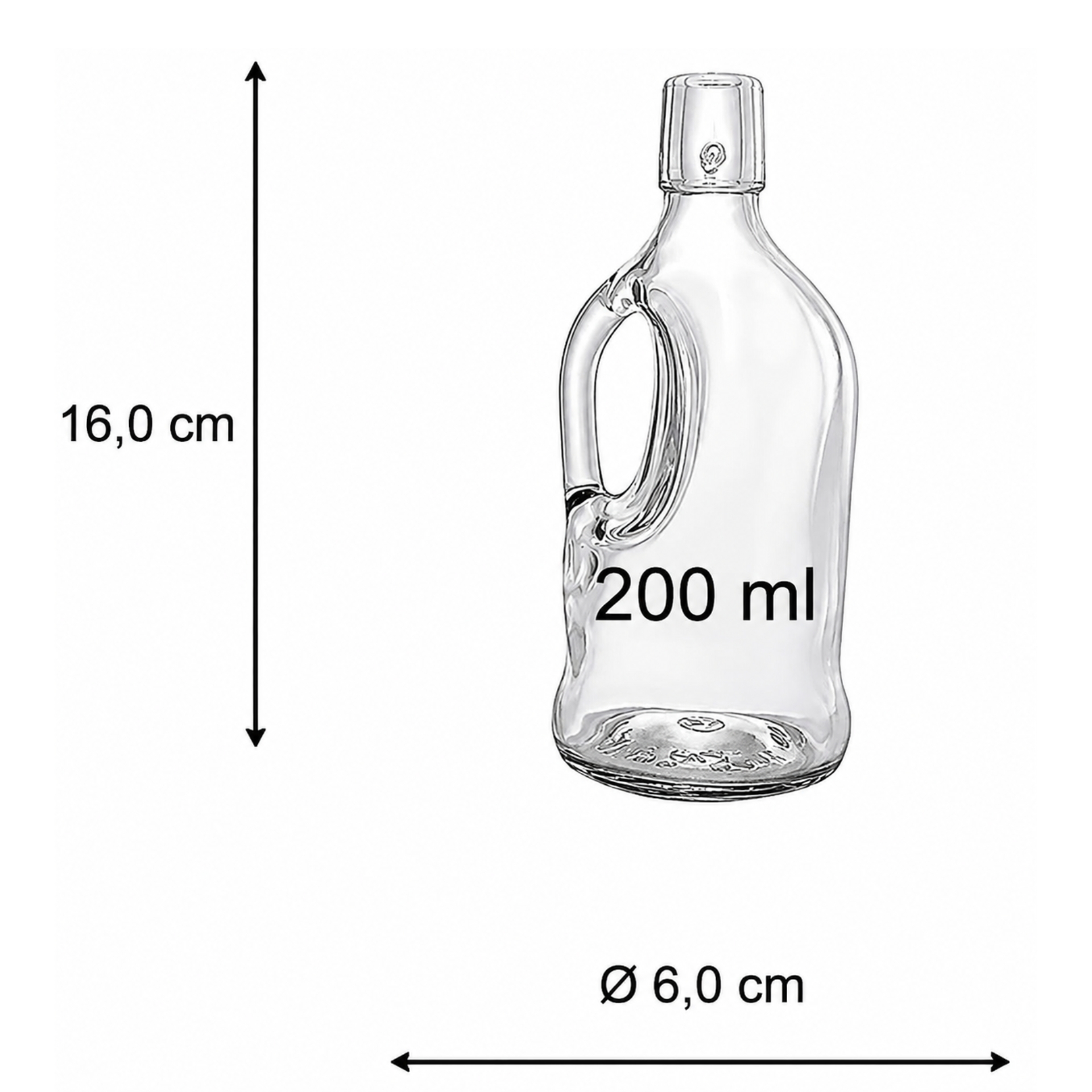 250-ml-Bügelglasflasche mit Henkel aus klarem Glas, auf weißem Hintergrund stehend, mit Metallbügelverschluss und rotem Gummiring.