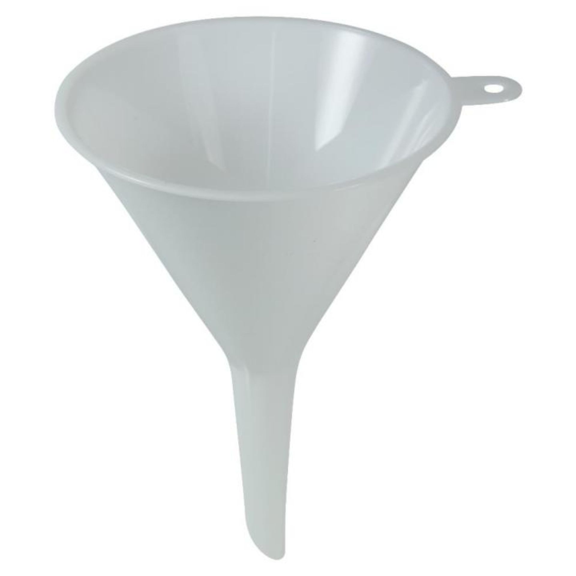 Trichter aus weißem Kunststoff mit 9 cm Durchmesser, ideal zum Einfüllen von Flüssigkeiten in Flaschen und Gläser.