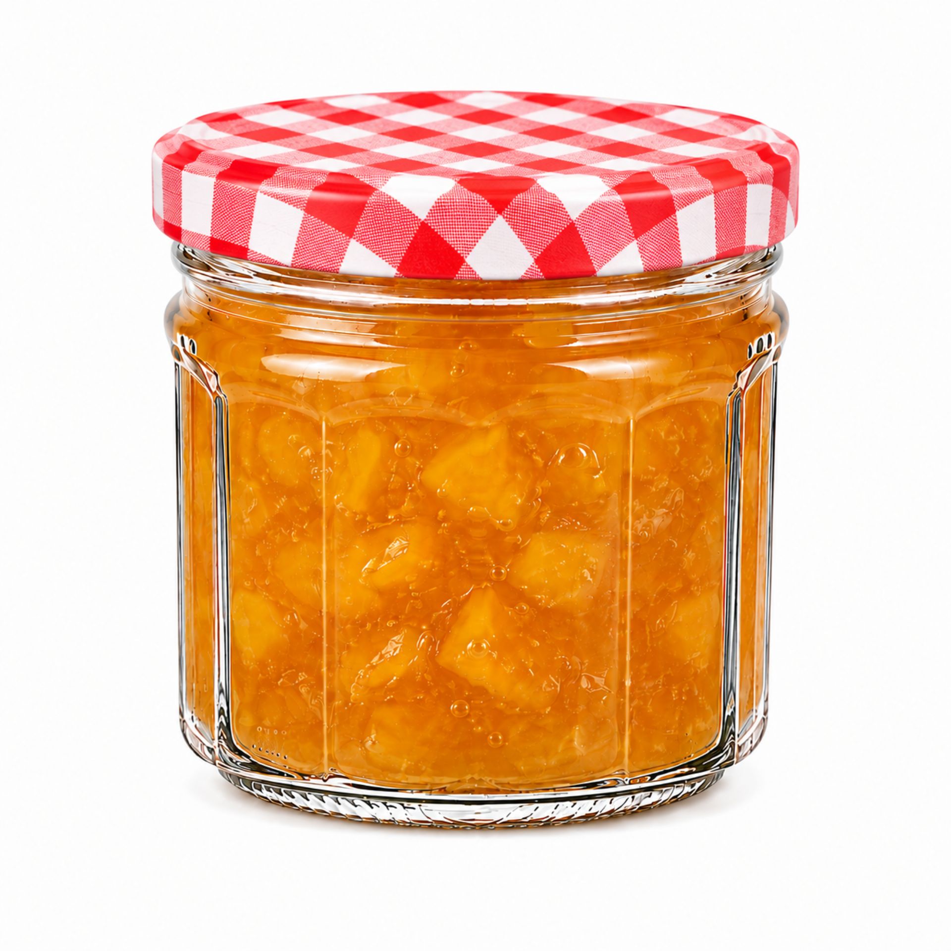 Vier leere, durchsichtige Glasflaschen mit à 240 ml Fassungsvermögen der Serie „Facette“ stehen nebeneinander auf weißem Hintergrund; jede Flasche hat ein sechseckiges Design mit Schraubverschluss.