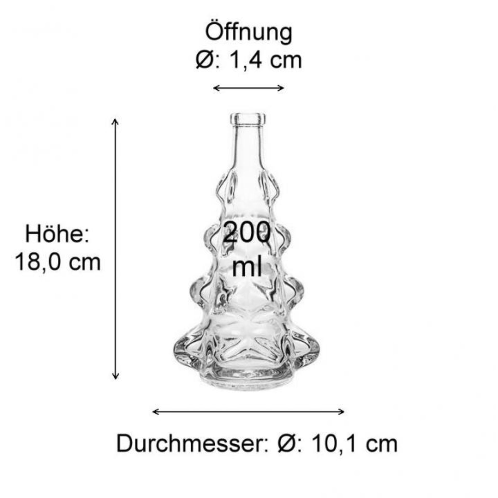 Bild eines dekorativen leeren Glasbehälters in Tannenbaumform mit einem Fassungsvermögen von 200 ml, geeignet zur Aufbewahrung von Flüssigkeiten oder festen Lebensmitteln, ideal für weihnachtliche Dekorationen oder als originelles Geschenk.