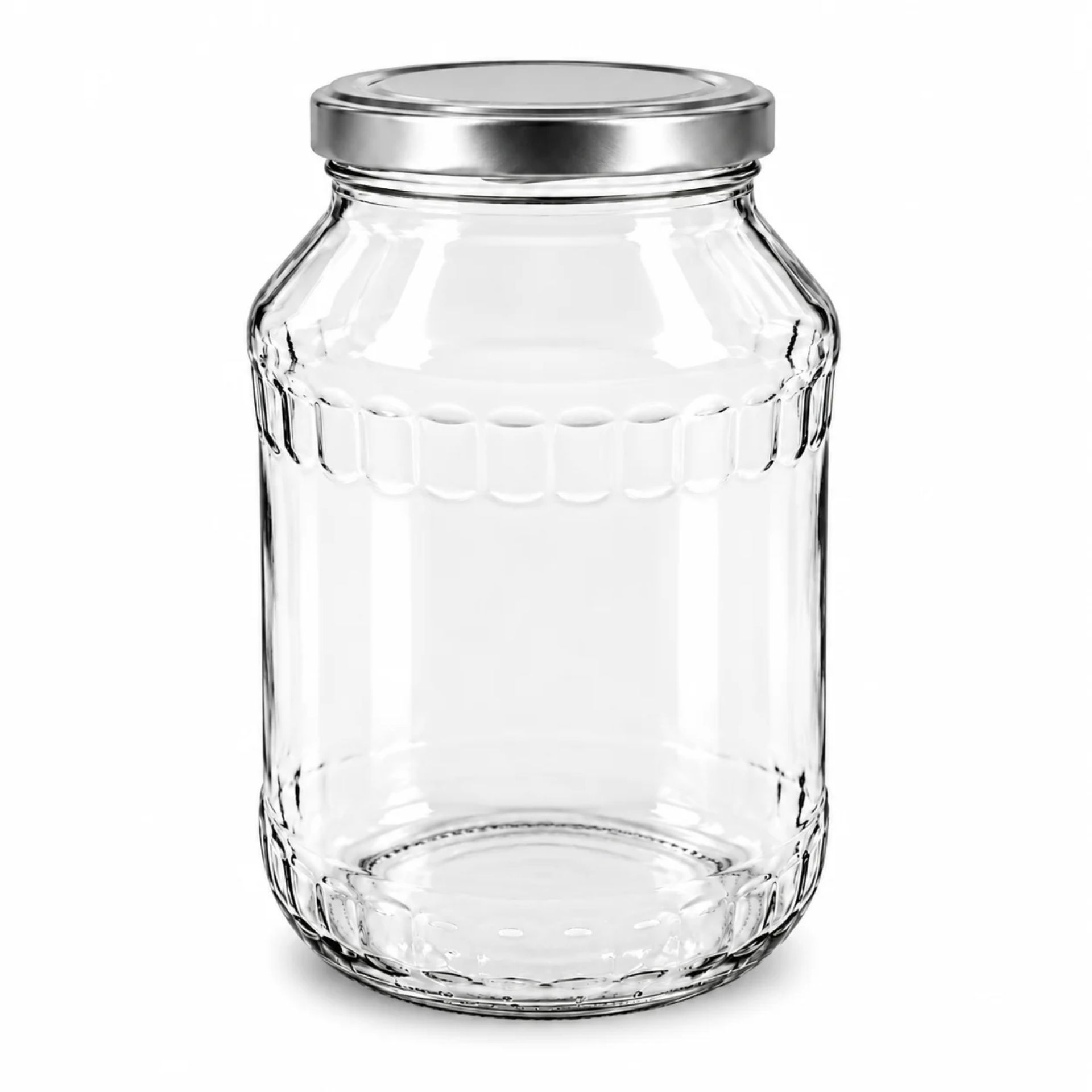 Großes, leeres Konservenglas aus klarem Glas mit silbernem Schraubdeckel, Fassungsvermögen 2650 ml, steht aufrecht vor neutralem Hintergrund.