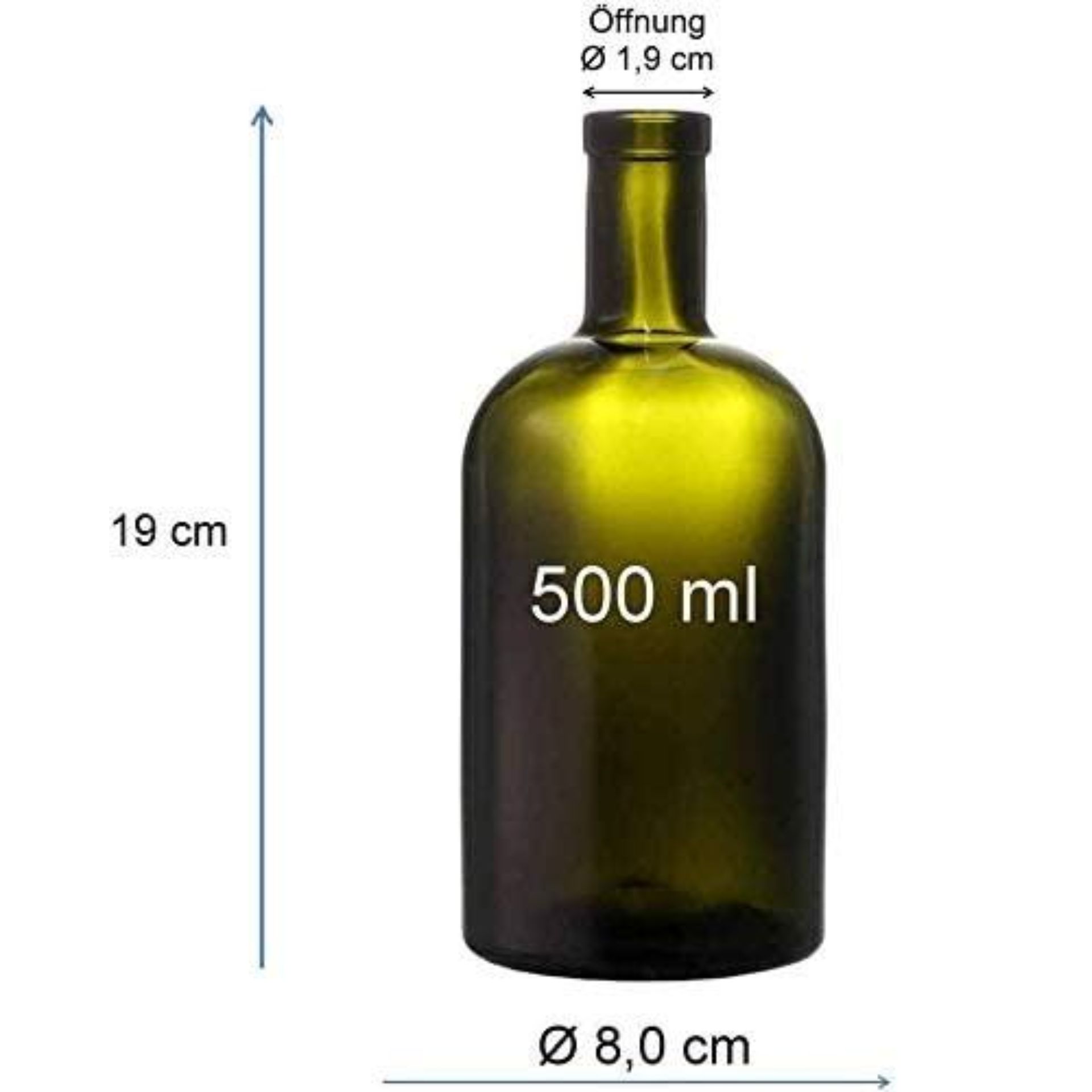 Glasflasche 500 ml grün braun mit Korken, ideal für Getränke und Öle, umweltfreundliches Verpackungsmaterial, elegante und wiederverwendbare Glasverpackung.