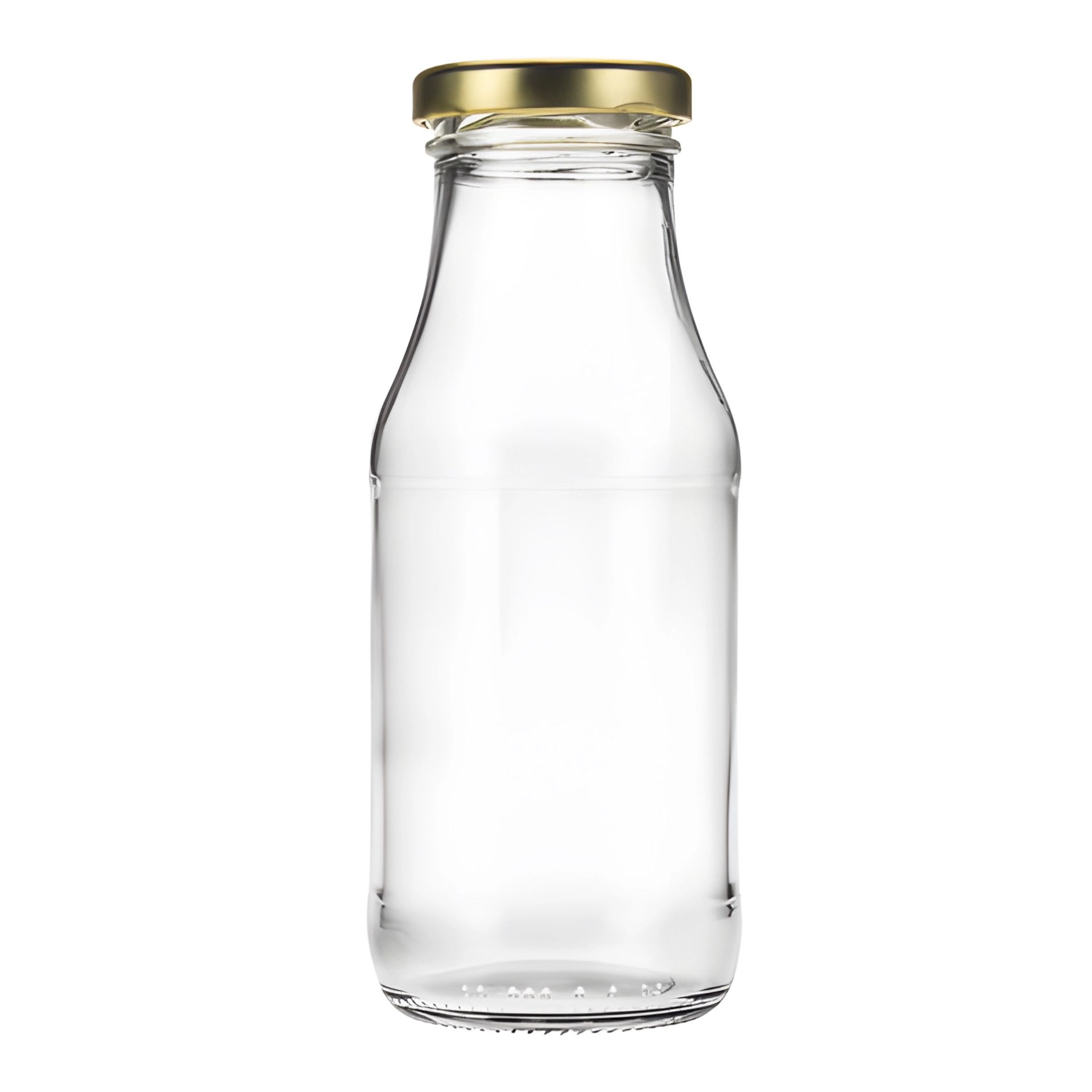 263 ml Glasflasche mit Deckel – Milchflasche in Gold, Silber oder Schwarz für Getränke und DIY Glasflasche 263 ml im Retro-Milchflaschen-Design mit Deckel in Gold, Silber oder Schwarz auf weißem Hintergrund