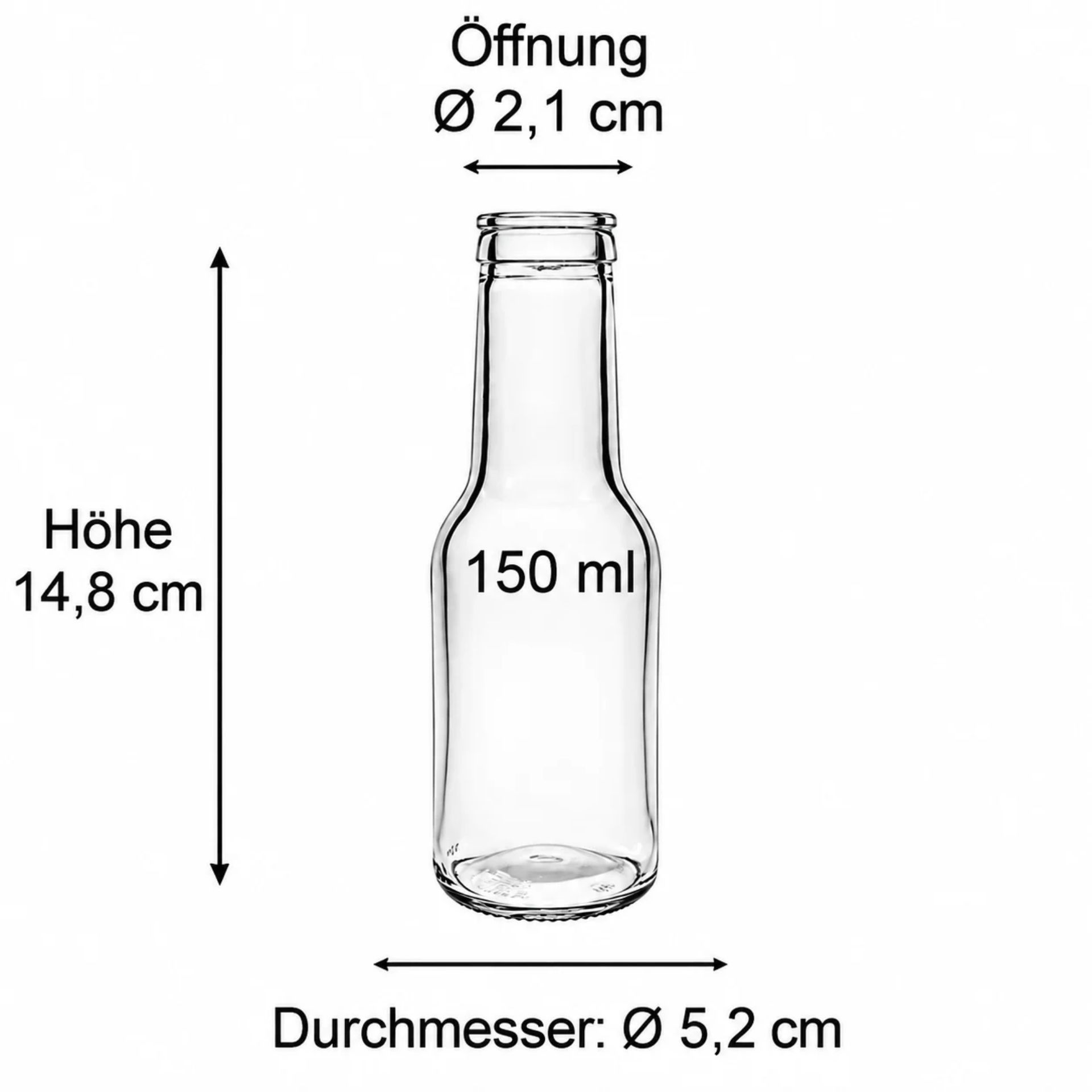 Bild einer runden Glasflasche mit einem Fassungsvermögen von 150 ml. Die Flasche ist mit einem Korken verschlossen und auf einem neutralen Hintergrund abgebildet. Ideal für Spirituosen, Öle oder Essenzen.