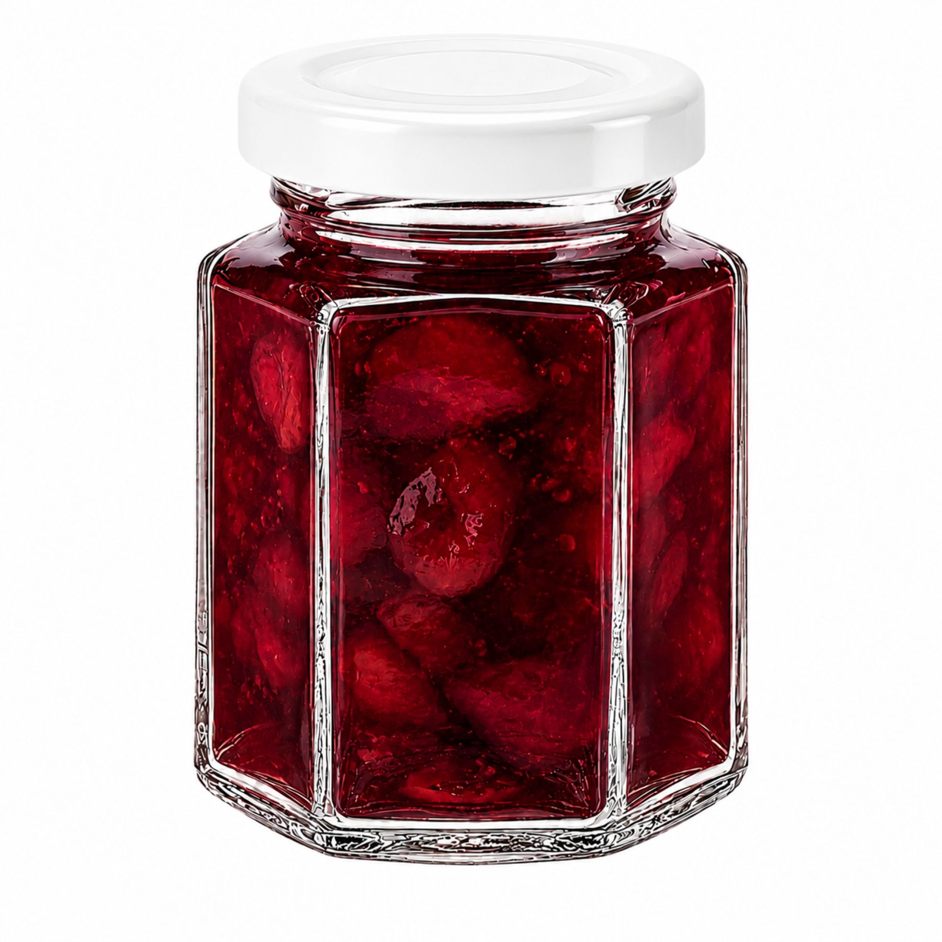 Sechs sechseckige Einmachgläser aus klarem Glas mit goldfarbenen Schraubdeckeln, je 110 ml Fassungsvermögen, auf weißem Hintergrund gruppiert.