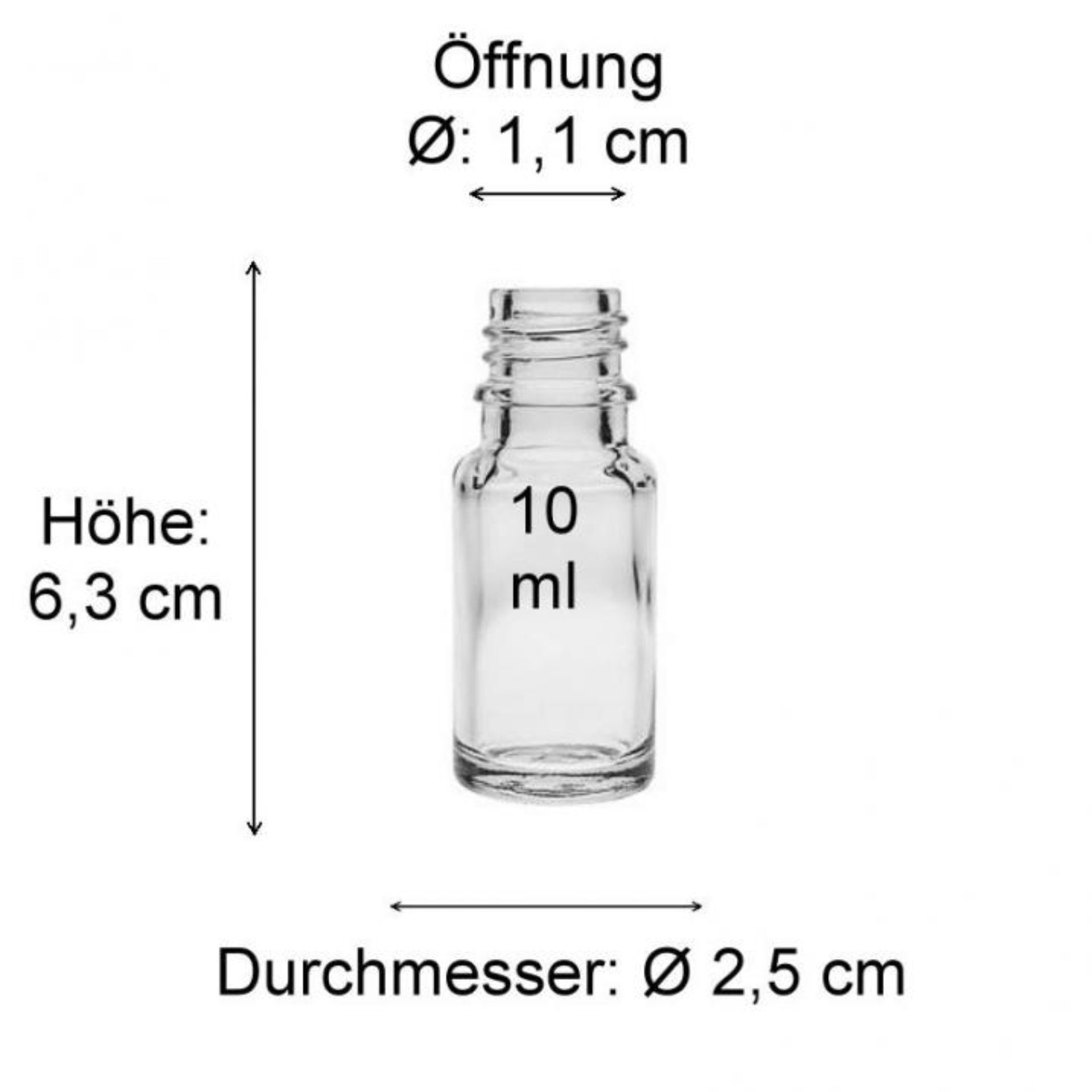 Maßzeichnung einer transparenten 50 ml Glasflasche mit detaillierten Abmessungen, ideal für Hersteller und Käufer von Glasverpackungen.