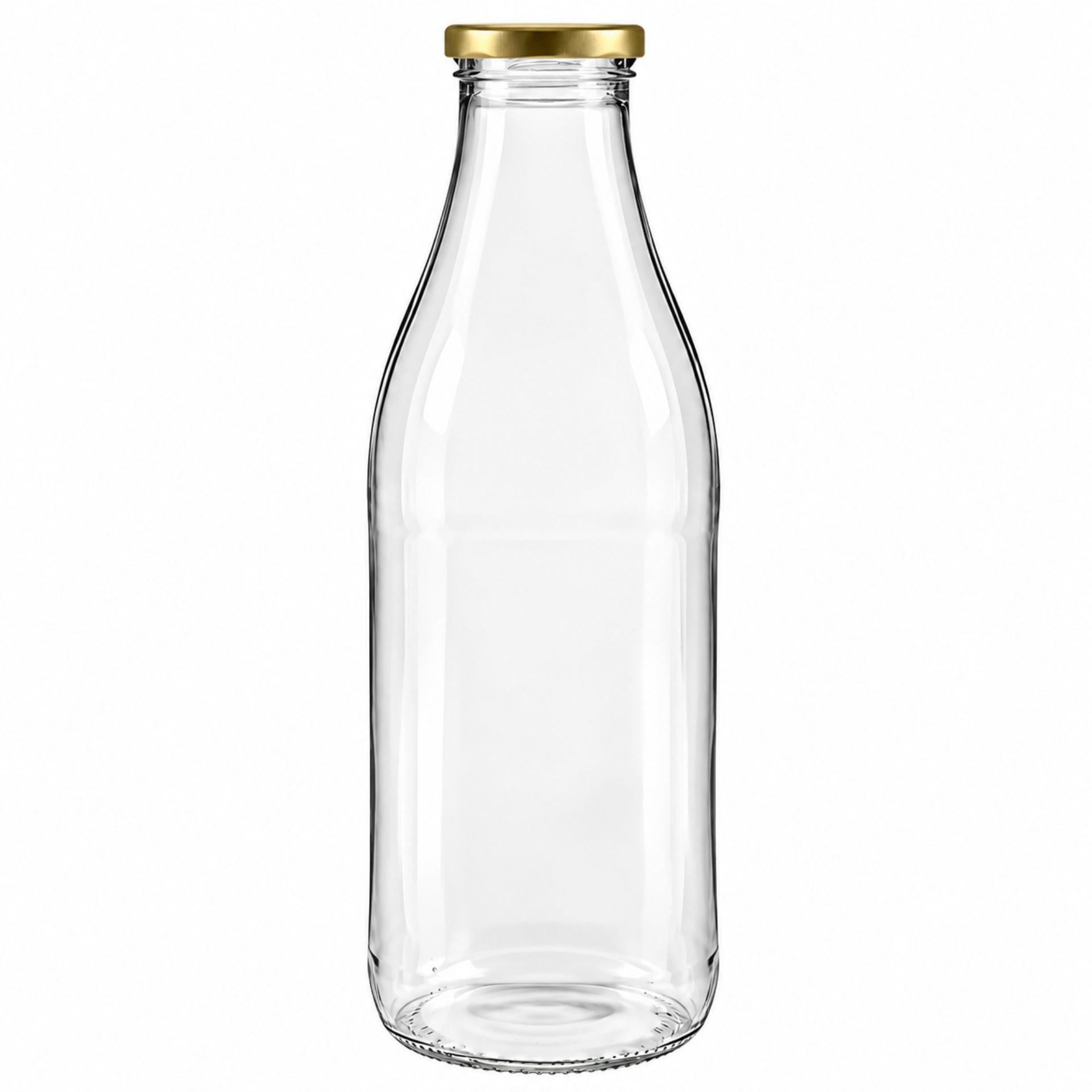Klarglassflasche mit 1000 ml Fassungsvermögen, zylindrische Form, schmalem Hals und silberfarbenem Schraubdeckel, stehend vor weißem Hintergrund.