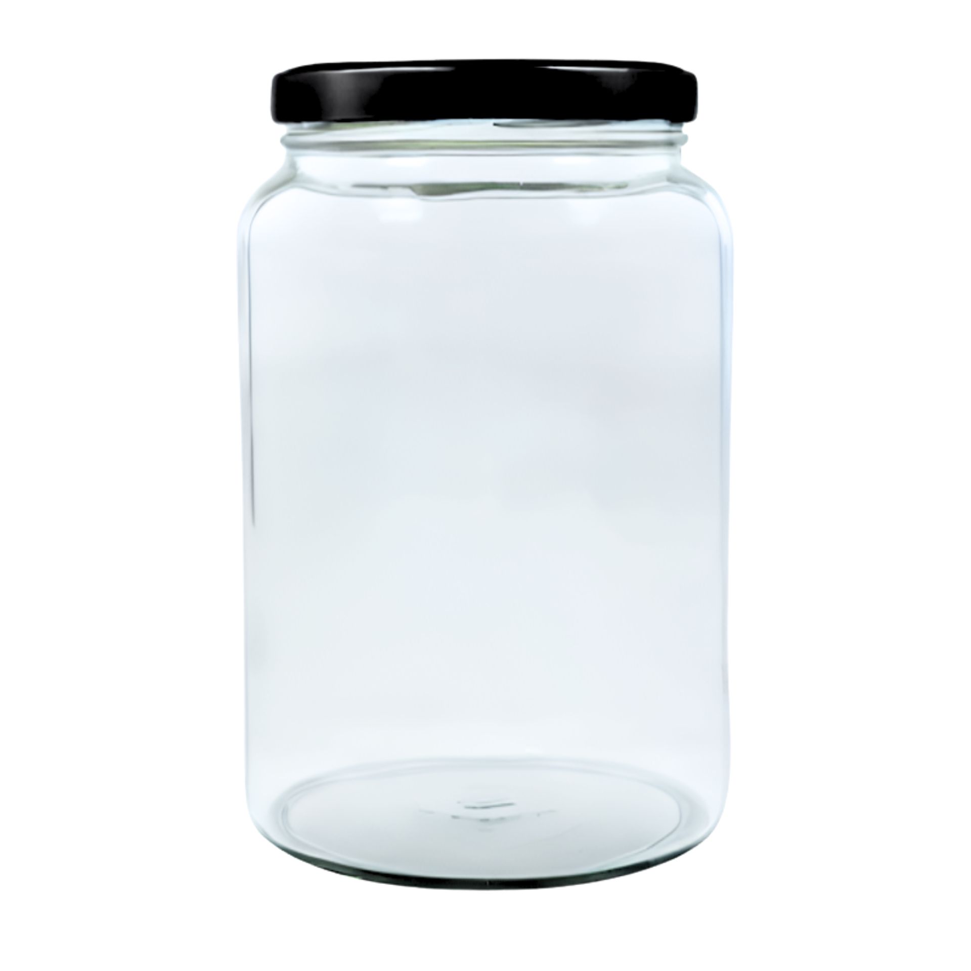 Großes 1700-ml-Einmachglas aus transparentem Glas mit schwarzem Schraubdeckel, stehend vor weißem Hintergrund.