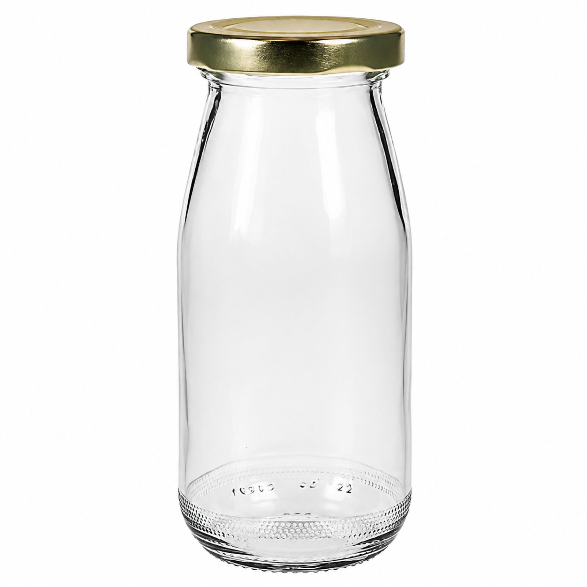 Glasflasche 283 ml im Vintage-Milchflaschen-Design mit wahlweise goldenem oder silbernen Deckel, ideal für Getränkepräsentationen und Aufbewahrung.