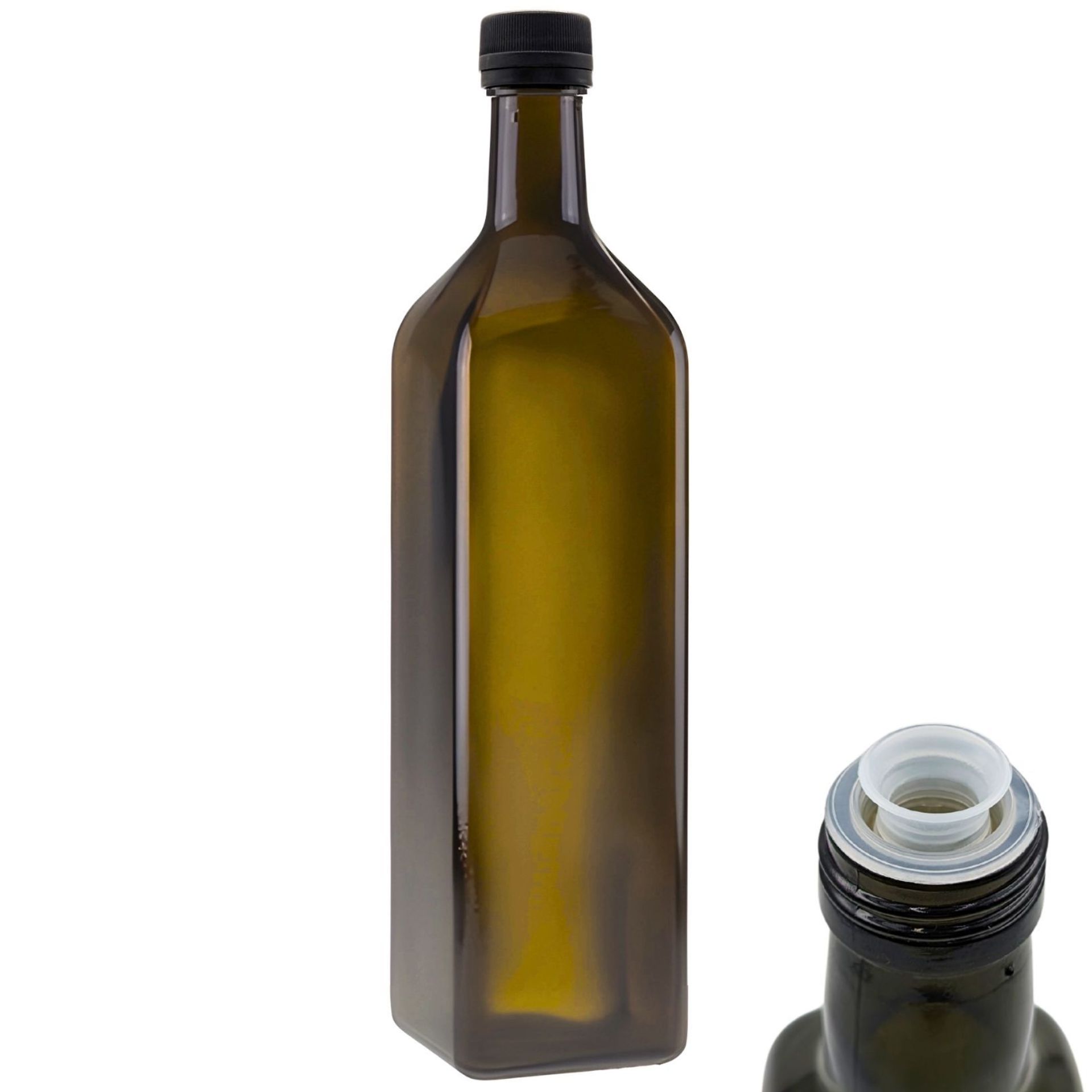 Klare Glasflasche mit Reliefprägung, goldfarbenem Schraubverschluss und schmalem Hals, stehend auf weißem Hintergrund.