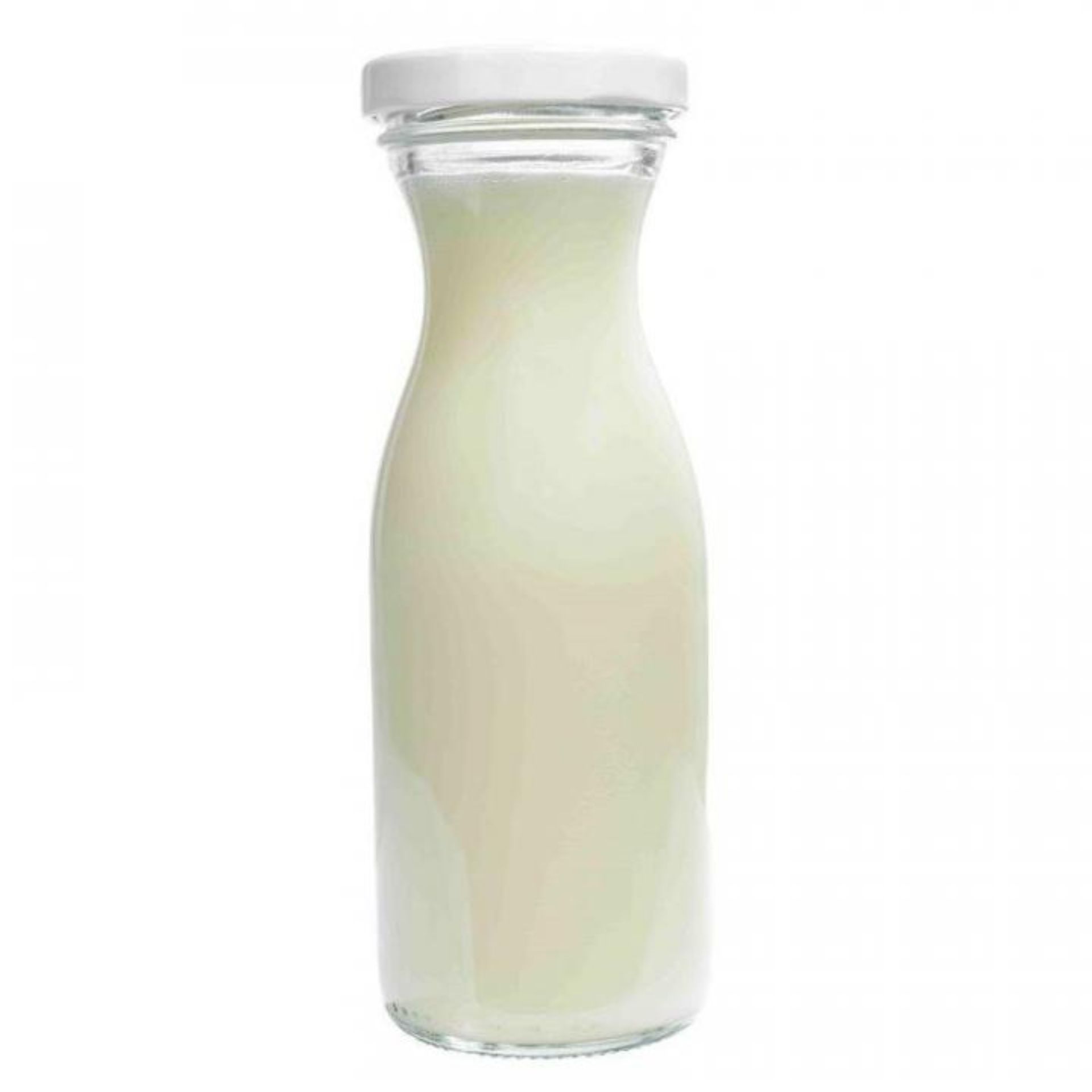 Leere, transparente 250-ml-Glasflasche mit Schraubgewinde, stehend auf weißem Hintergrund.