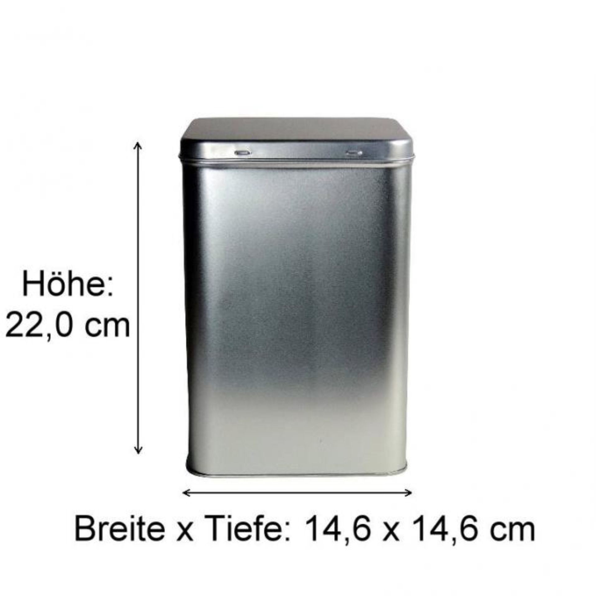 Bild einer Kaffeedose mit einem Fassungsvermögen von 1000 g, silberfarbene Dose mit abnehmbarem Deckel, geeignet zur Aufbewahrung von Kaffee, Dosenhöhe und -breite sichtbar, vor weißem Hintergrund.
